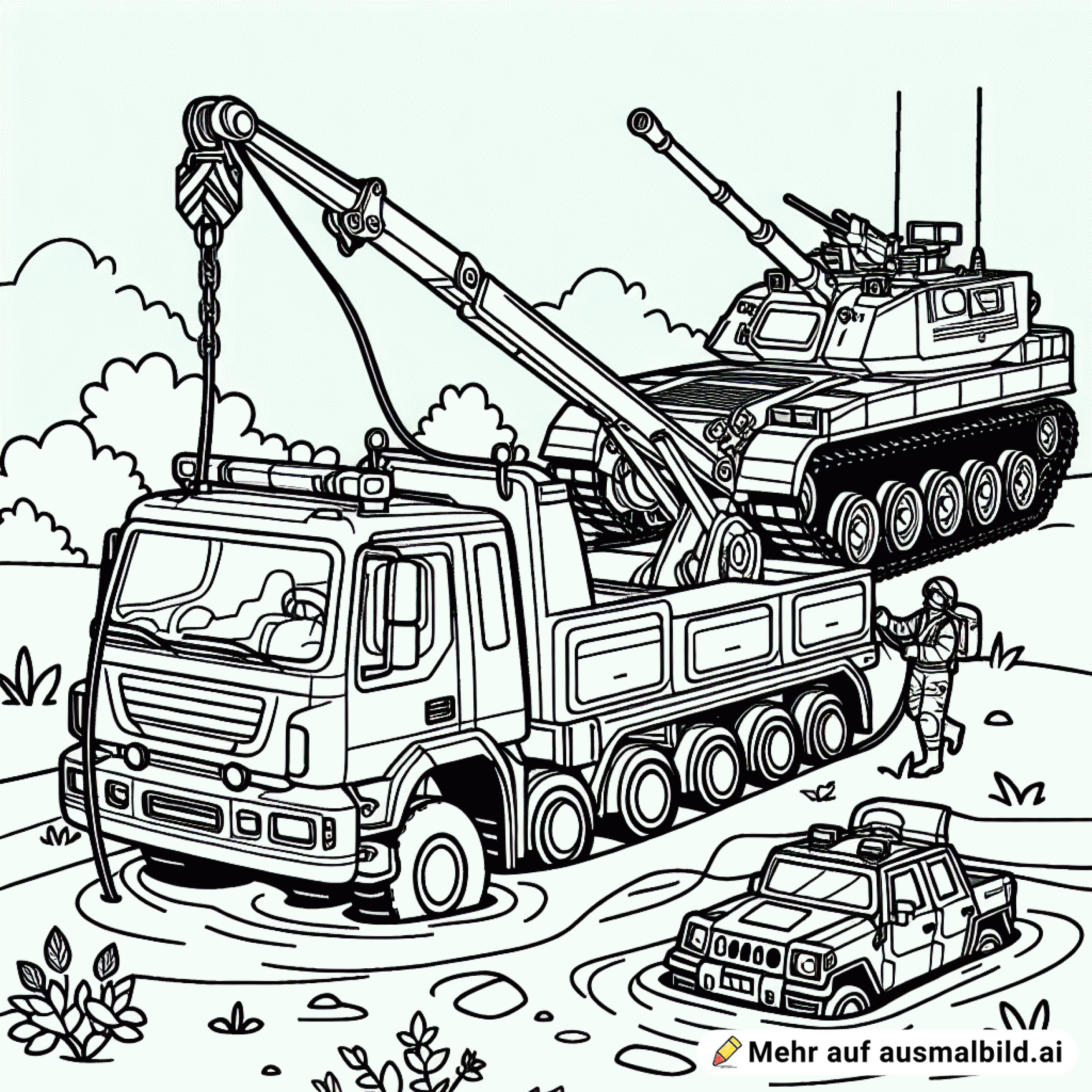 Male einen Bergepanzer, der einen anderen Panzer aus dem Graben zieht