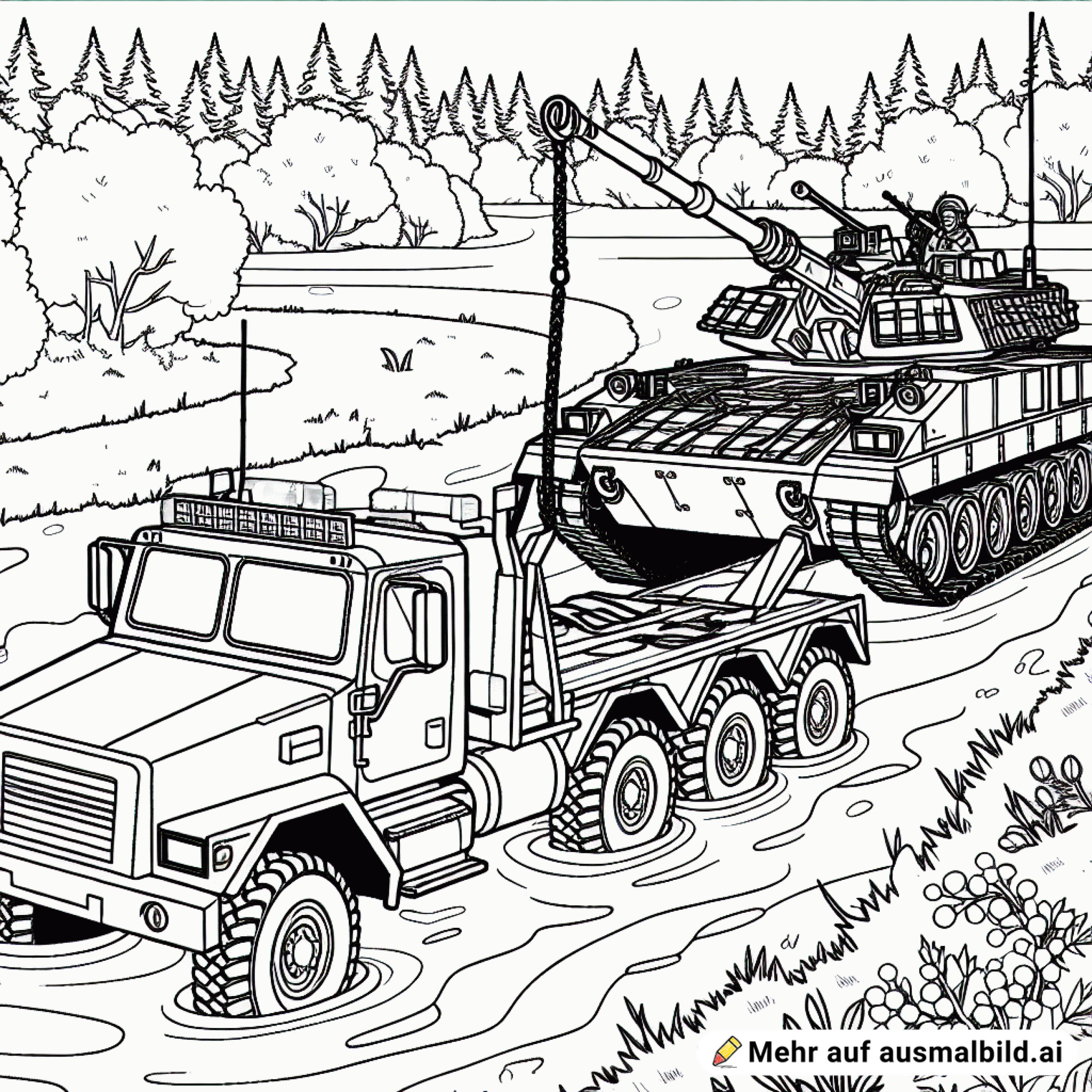 Male einen Bergepanzer, der einen anderen Panzer aus dem Graben zieht. Im Hintergrund ist Wald