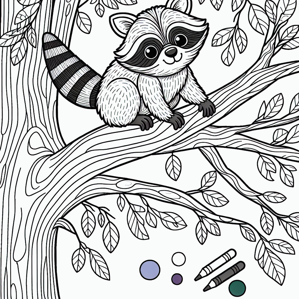 Kostenlose Waschbär Malvorlage auf Baum mit feinen Linien