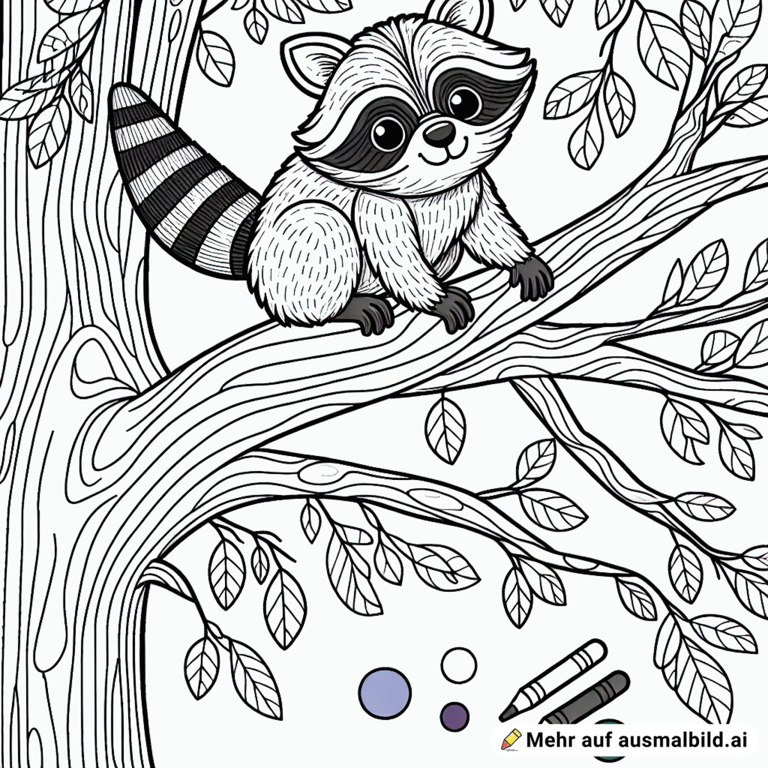 Ein Waschbär auf einem Baum mit ganz dünnen Linien