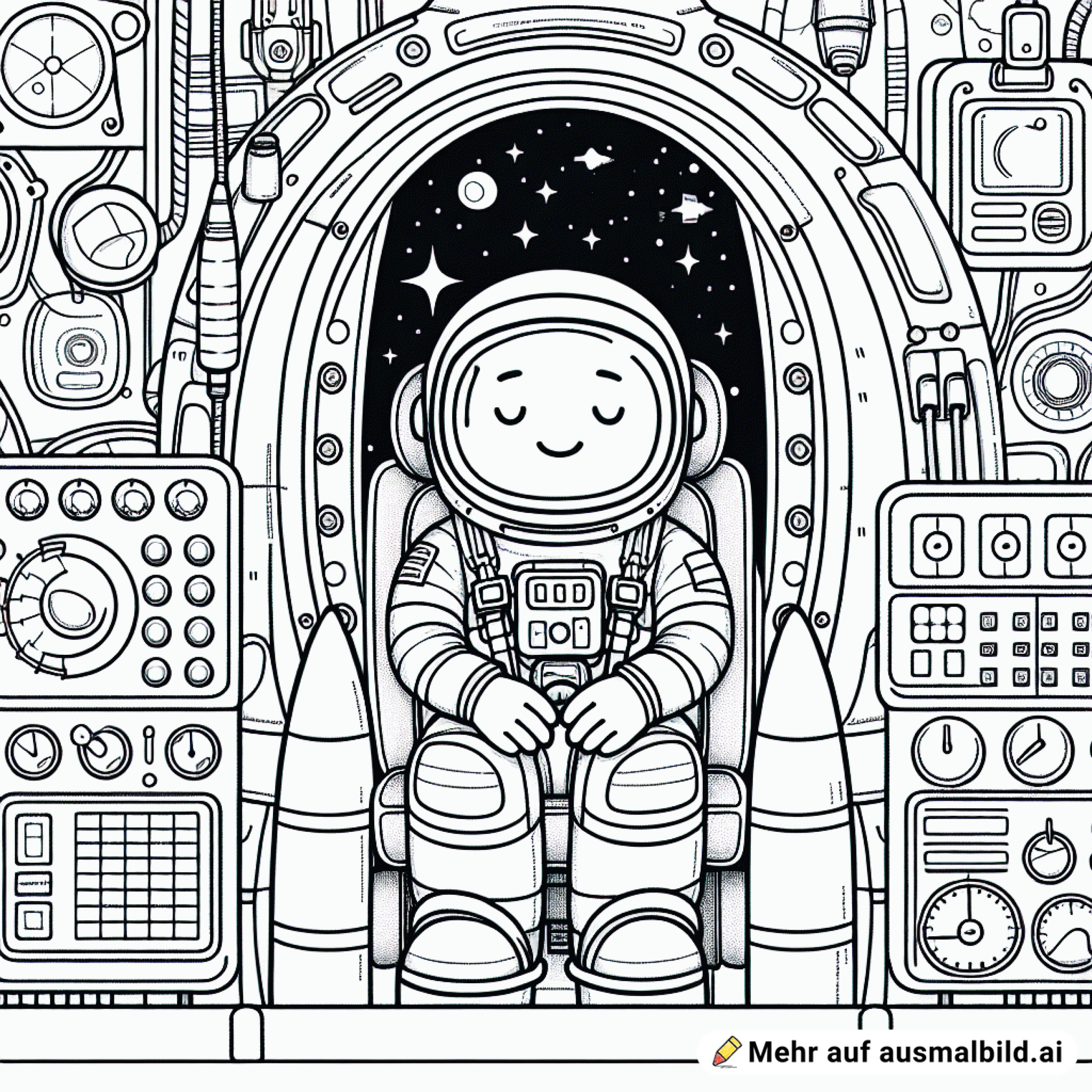 Astronaut in Rakete. Im Hintergrund Kollegen und viele Instrumententafeln