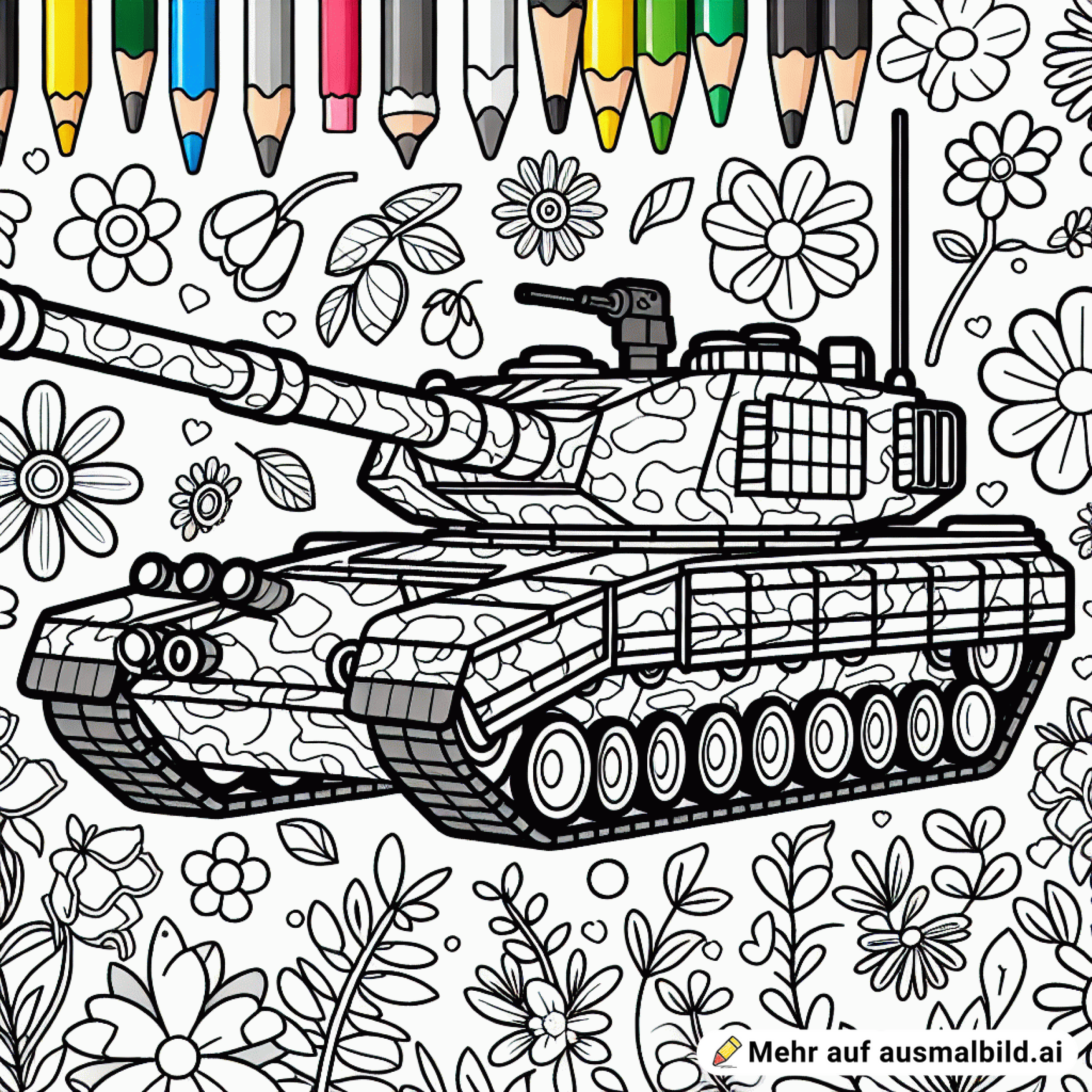 male einen Kettenpanzer mit kurzer Kanone und einer Tarnung aus Blumen und anderen Pflanzen