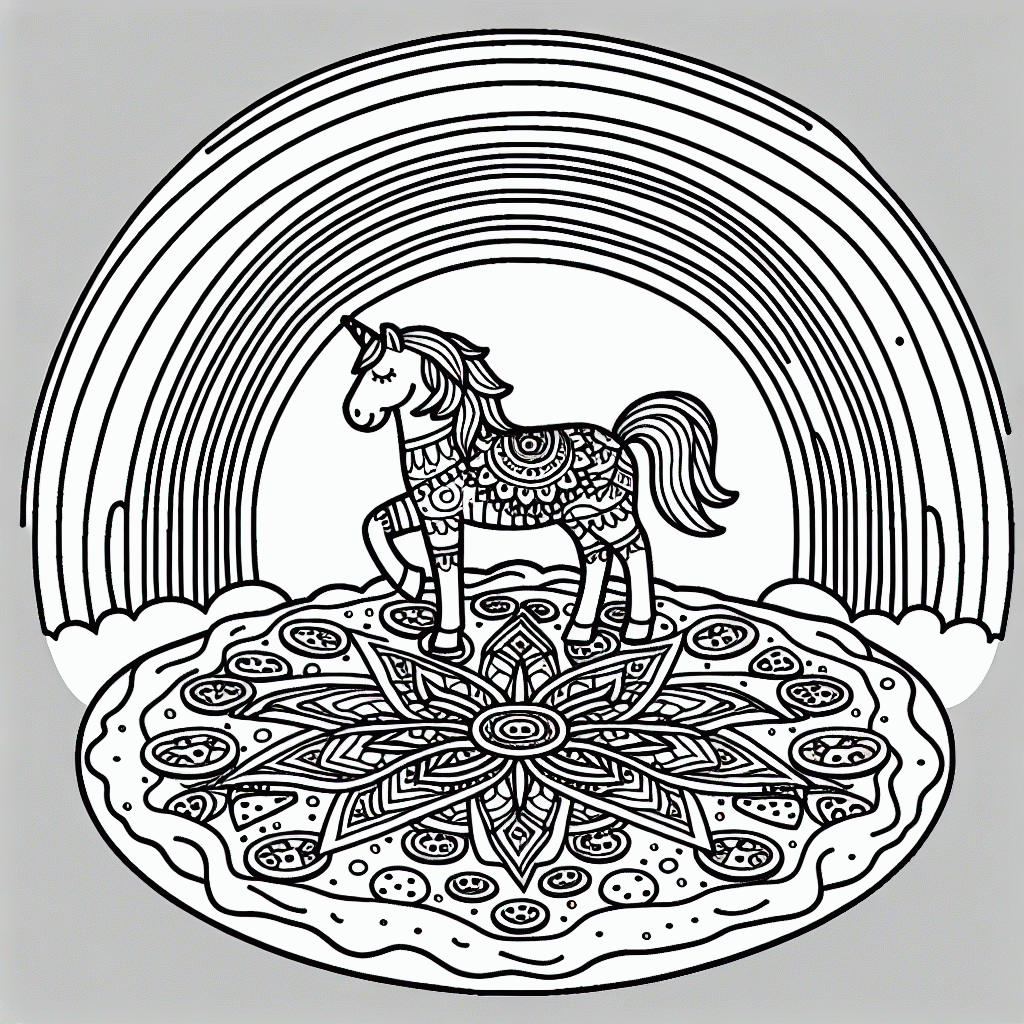 Kostenlose Regenbogen Mandala Malvorlage mit Pferd zum Ausdrucken