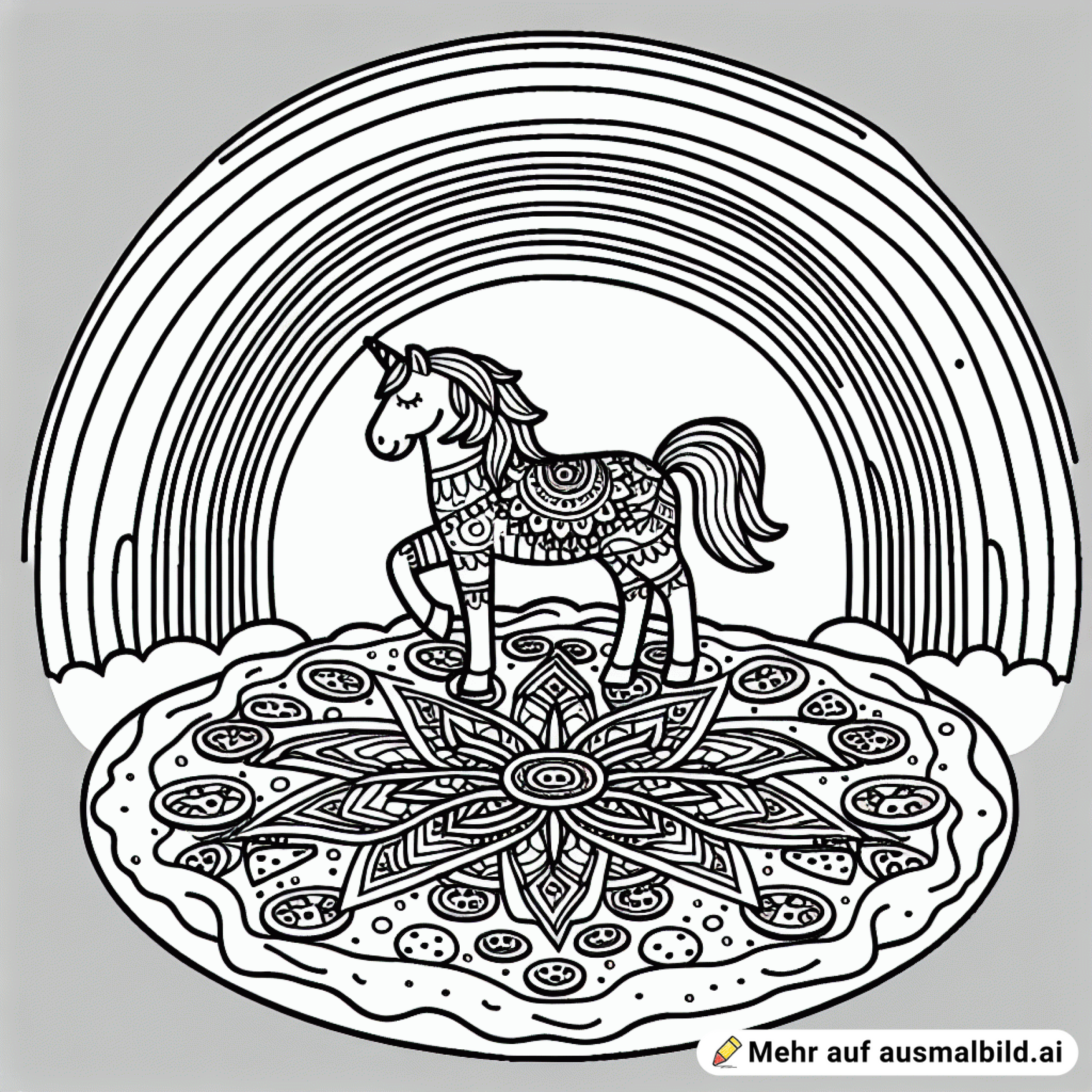male ein Regenbogen Mandala mit einem Pferd auf einer Pizzainsel