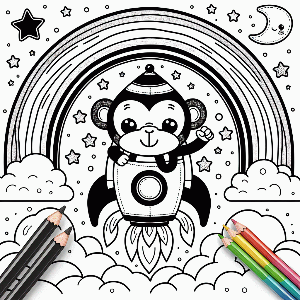 Kostenlose Malvorlage Affe in Rakete vor Regenbogen ausdrucken