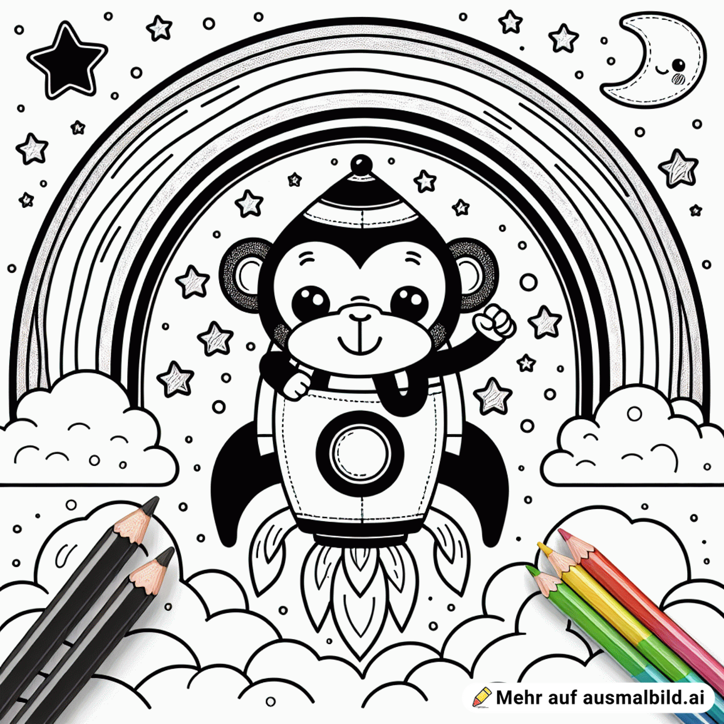 male einen Affen in einer Rakete vor einem Regenbogen