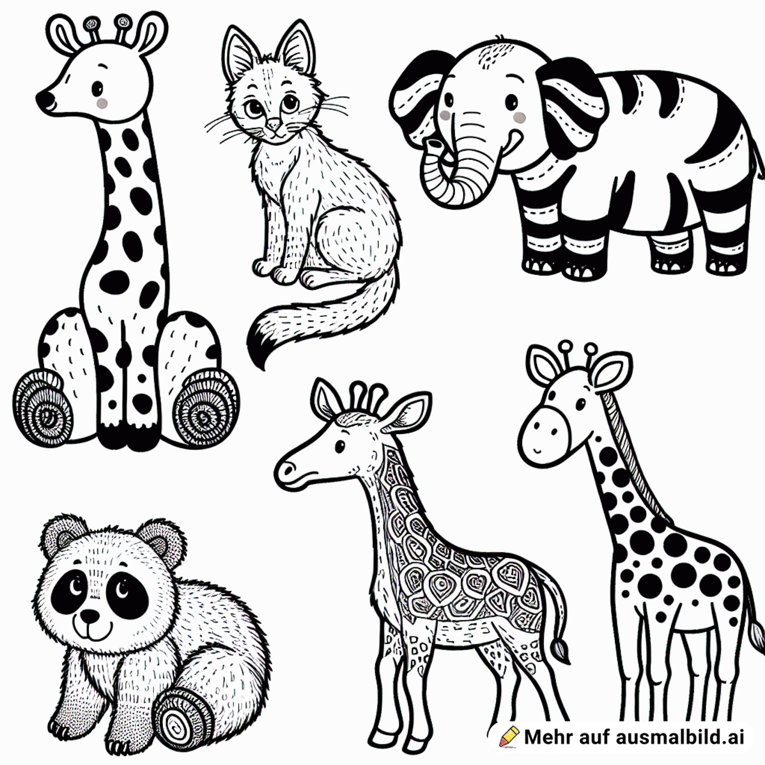 erstelle mir 5 tierische bilder zum ausmalen