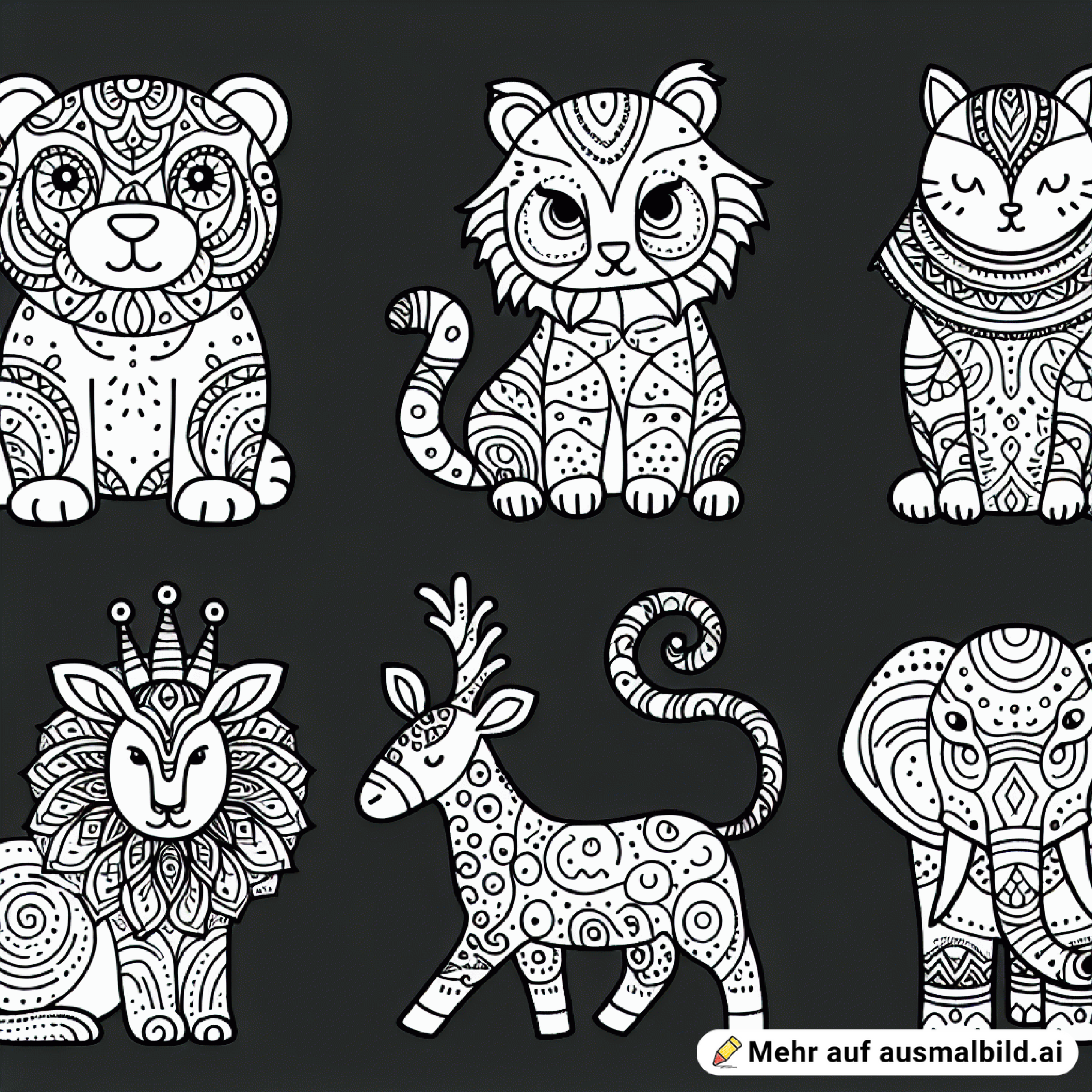 erstelle mir 5 tierische bilder zum ausmalen aber bitte jedes tier einzeln auf einer seite