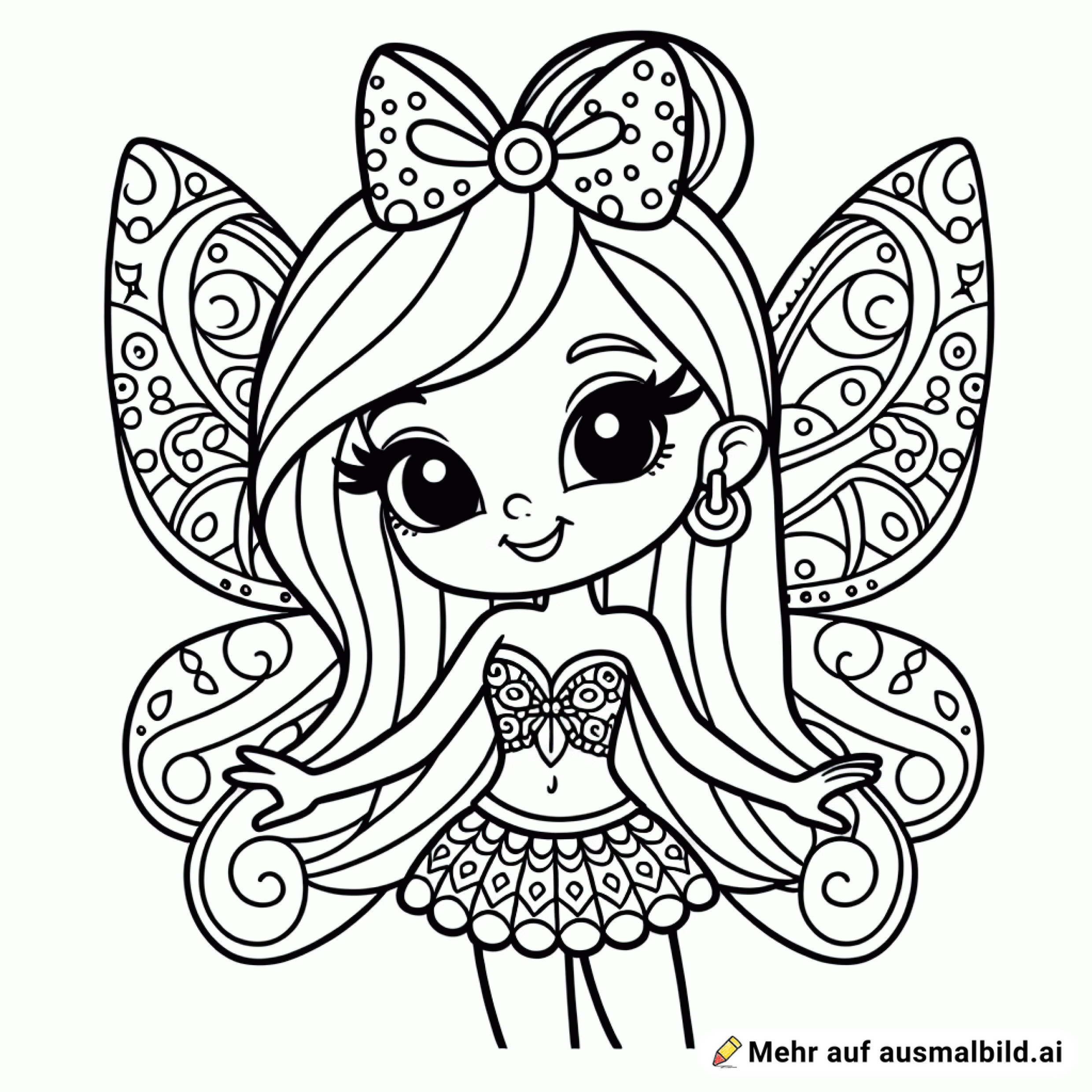 ich möchte eine Fee mit langen Haaren und mit einem Schleife. Sie ist schlank, lächelt, hat schöne und volle Lippen, große Augen und Flügel mit schönem Muster.