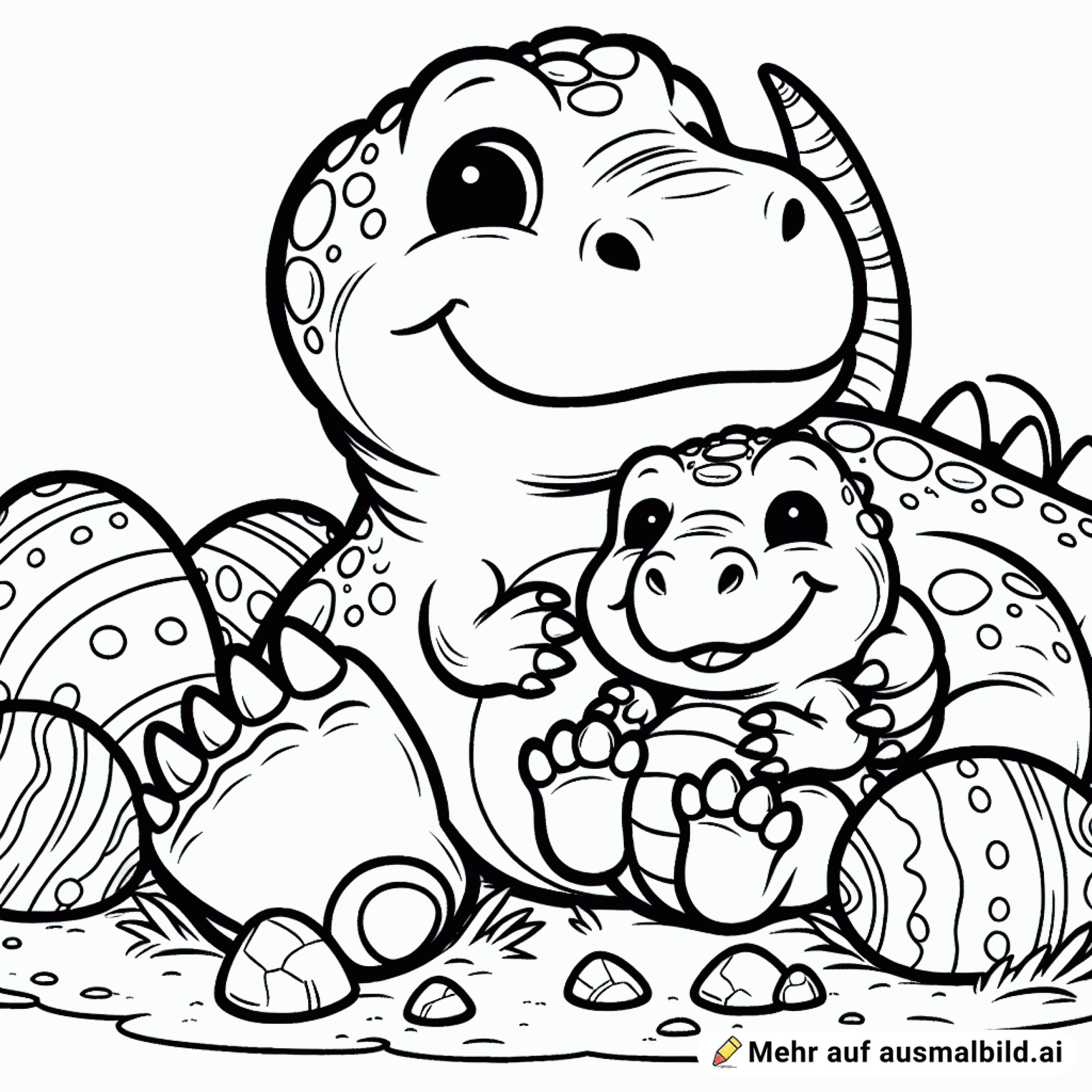 Ich möchte ein T-Rex, glücklich, nicht grausam und mit einem Baby T-Rex stehen sie auf dem Bild zusammen. Die Dinos liegen auf dem Boden und kuscheln