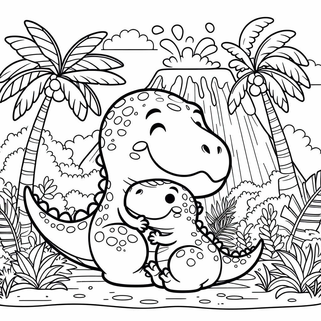 T-Rex Malvorlage mit Baby und Vulkan – kostenlos ausdrucken
