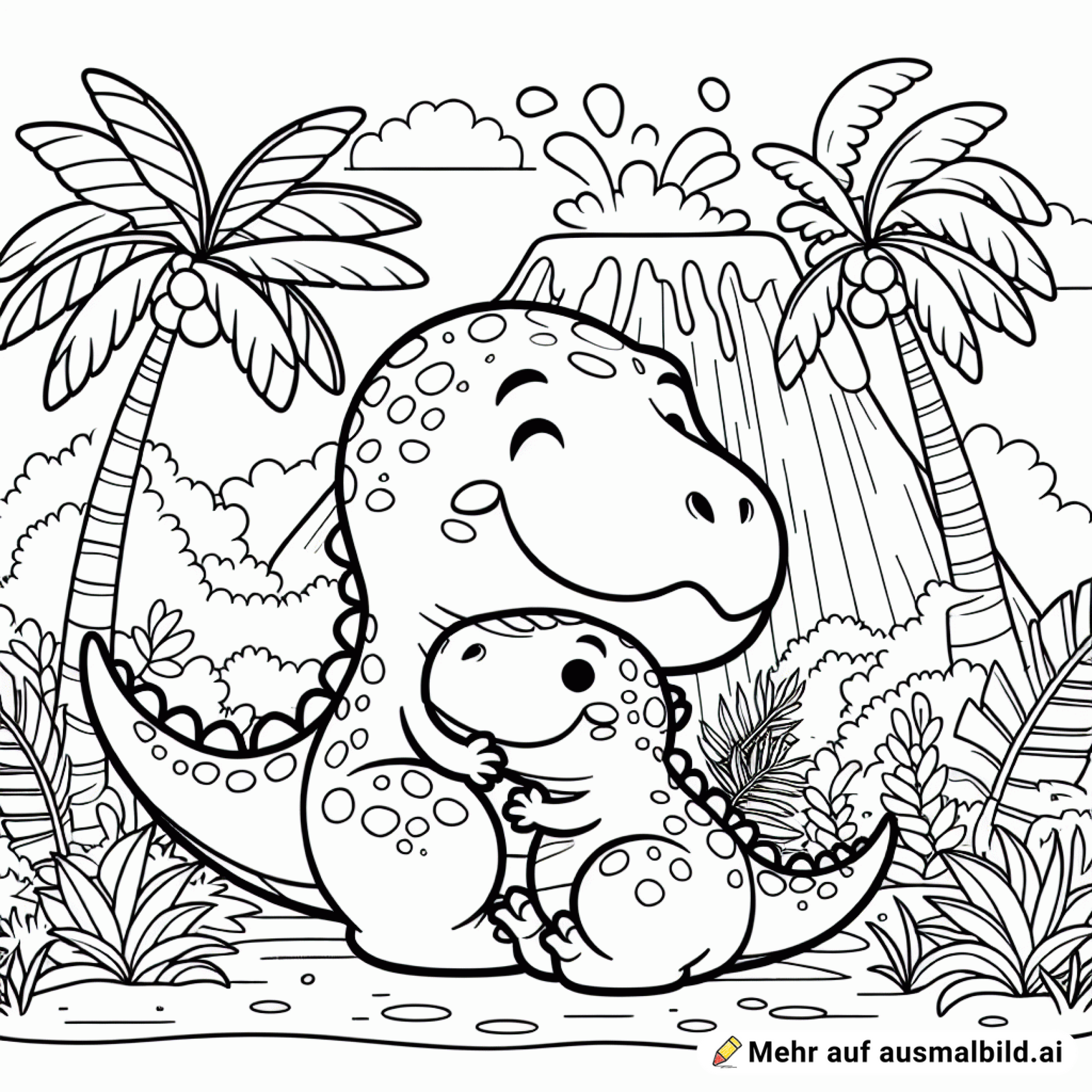 Ich möchte T-Rex, glücklich mit einem Baby T-Rex kuscheln sie auf dem Bild zusammen. Ein Vulkan ist im Hintergrund gerade am Ausbrechen und neben den Dinos steht eine Palme.