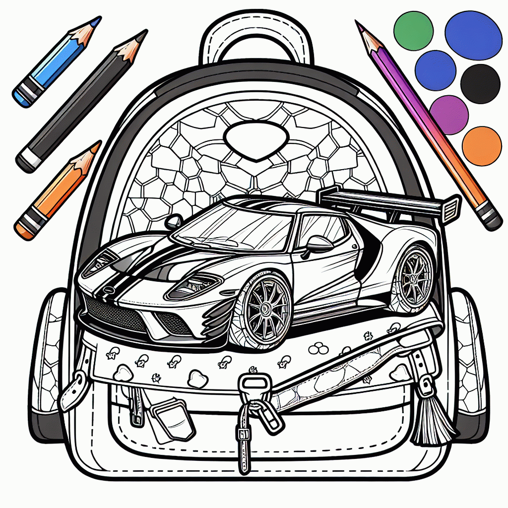 Malvorlagen Schulranzen mit coolem Sportauto zum Ausdrucken