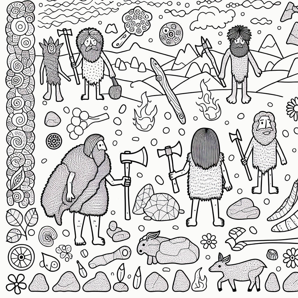 Steinzeit Malvorlage mit Menschen und Axt kostenlos ausdrucken
