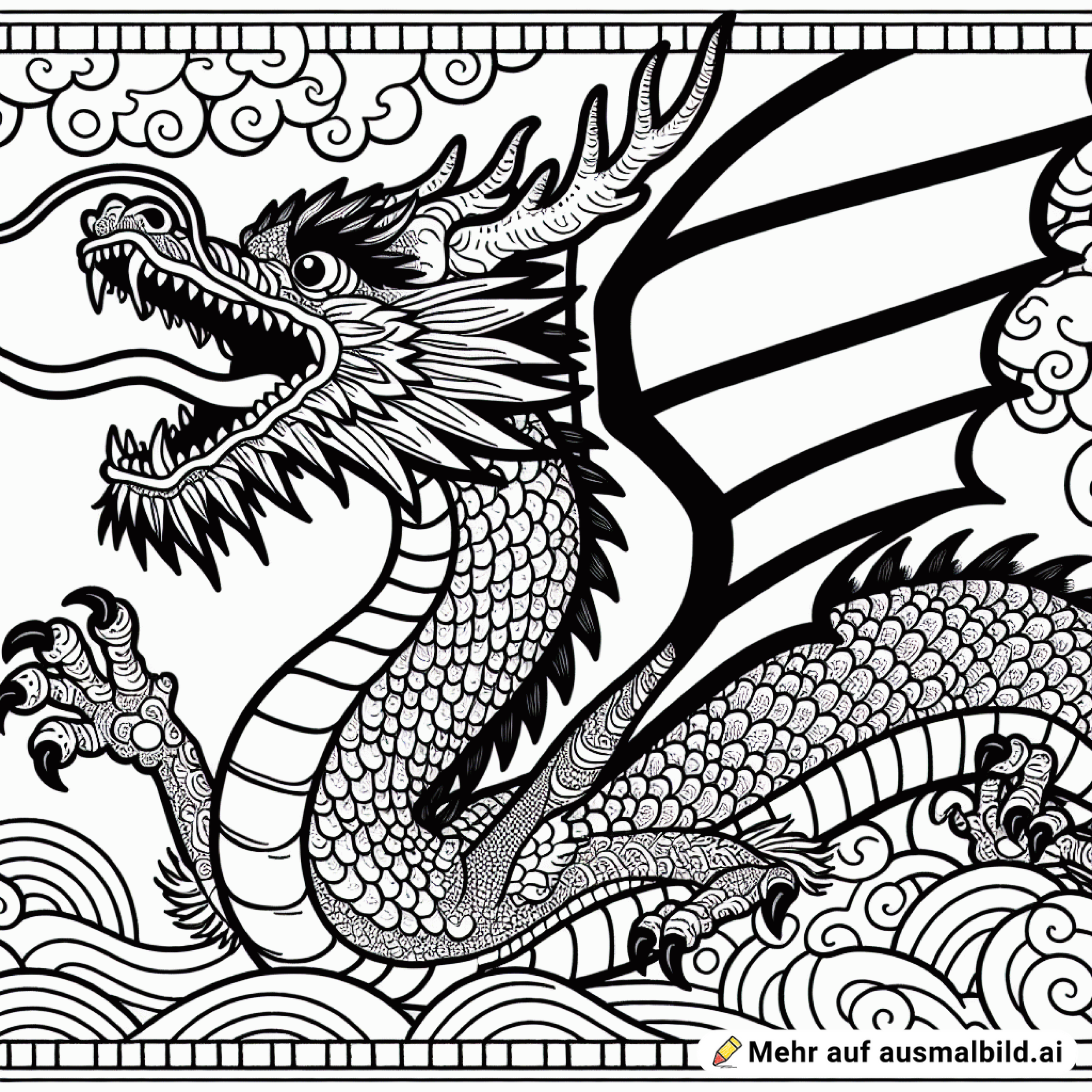 Drache mit Flüge, im Flug, mit offenen Mund und scharfen zähnen, kein asiatischer Drache
