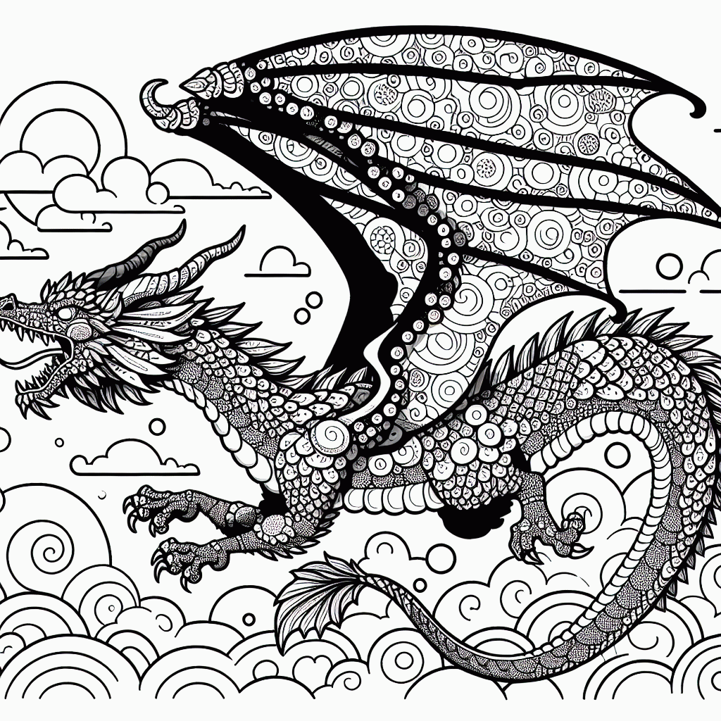 Großer Drache mit Flügeln im Flug - Malvorlage kostenlos ausdrucken