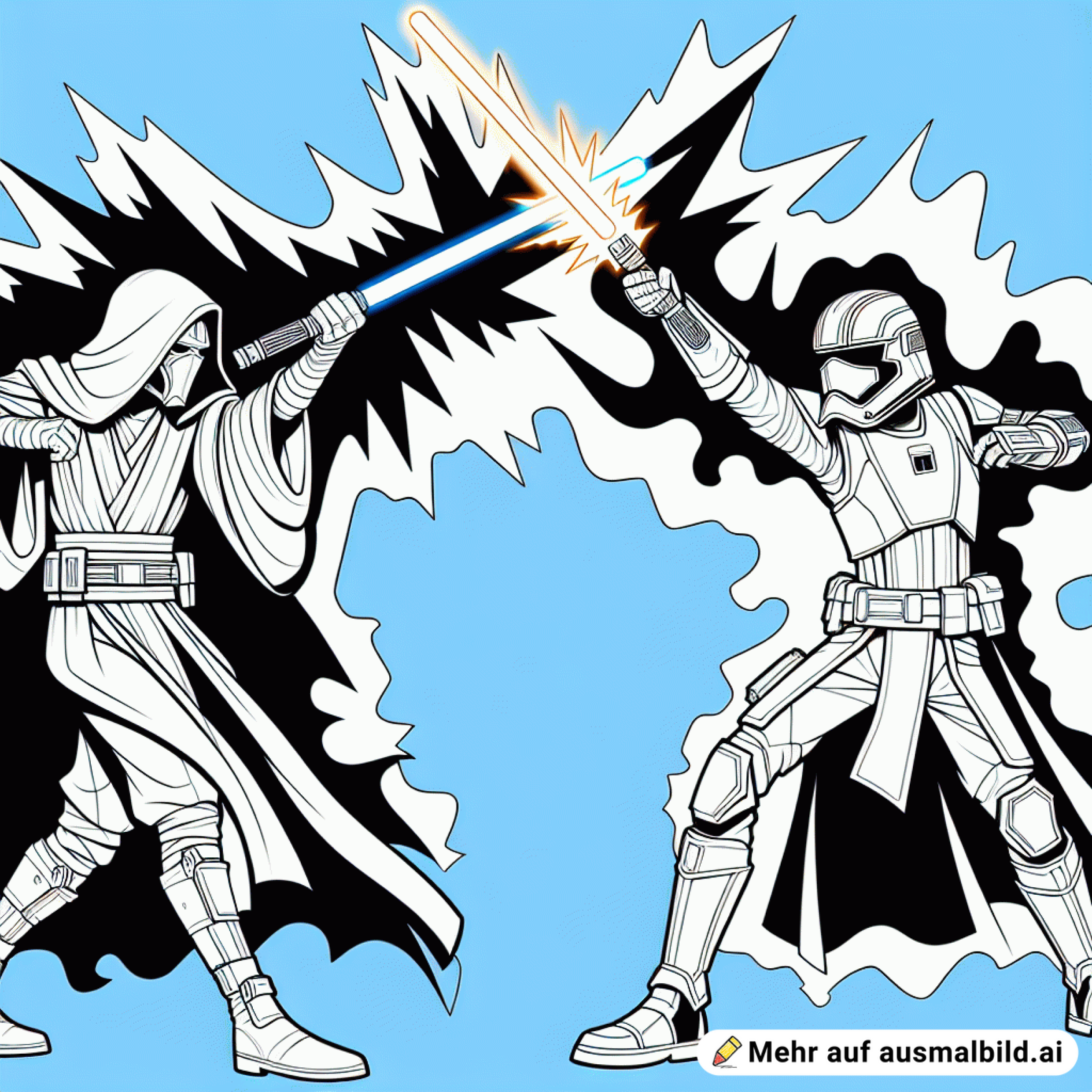 ein Jedi wie im Star Wars mit seinem Schwert kämpft gegen einen anderen Jedi