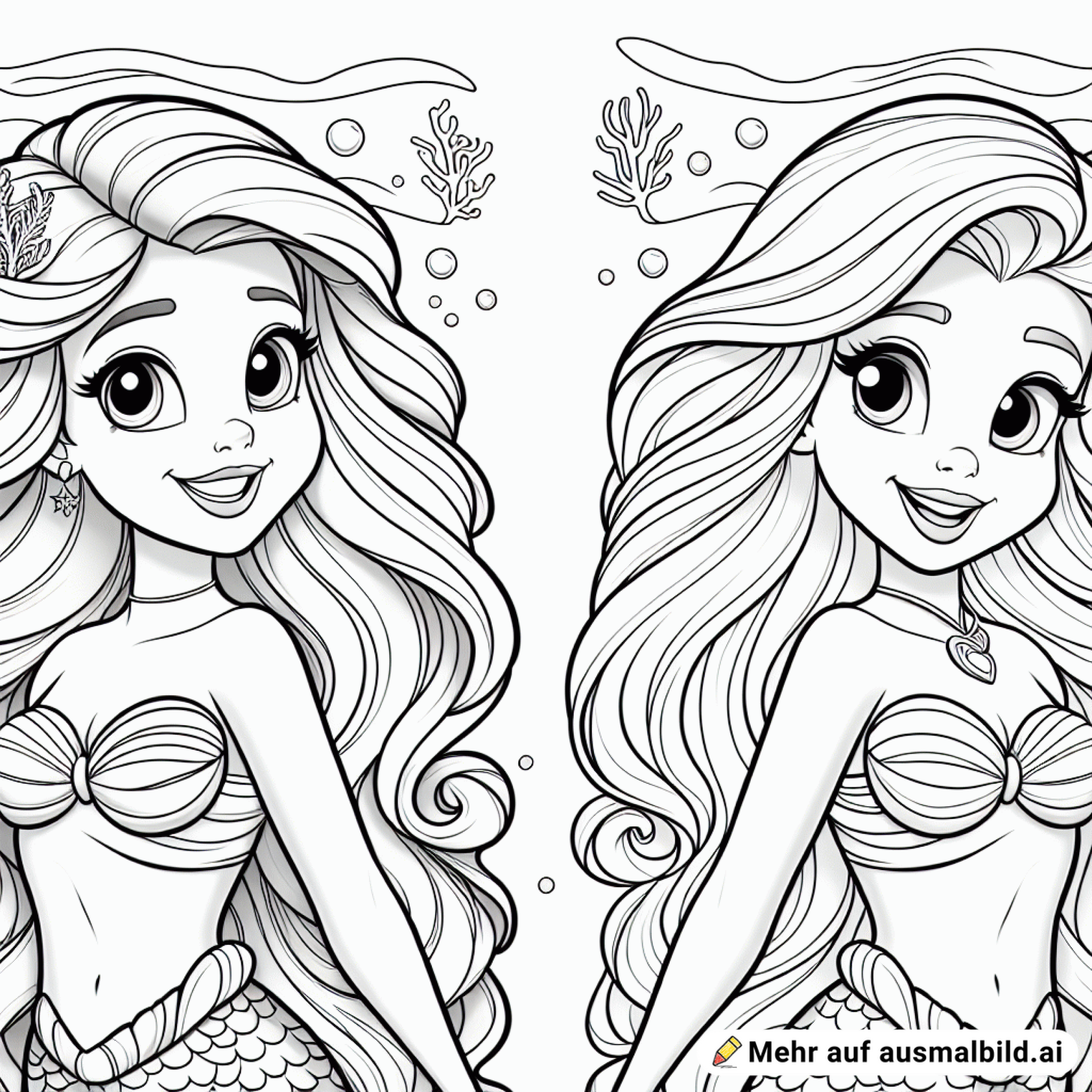 Ich möchte zwei Meerjungfrauen, die ähnlich wie Anna und Elsa aus dem Eiskönigin aussehen. Aber als Meerjungfrauen.