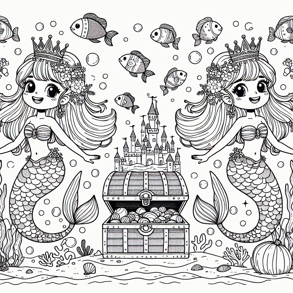 Kostenlose Meerjungfrauen Malvorlage mit Schatztruhe zum Ausdrucken