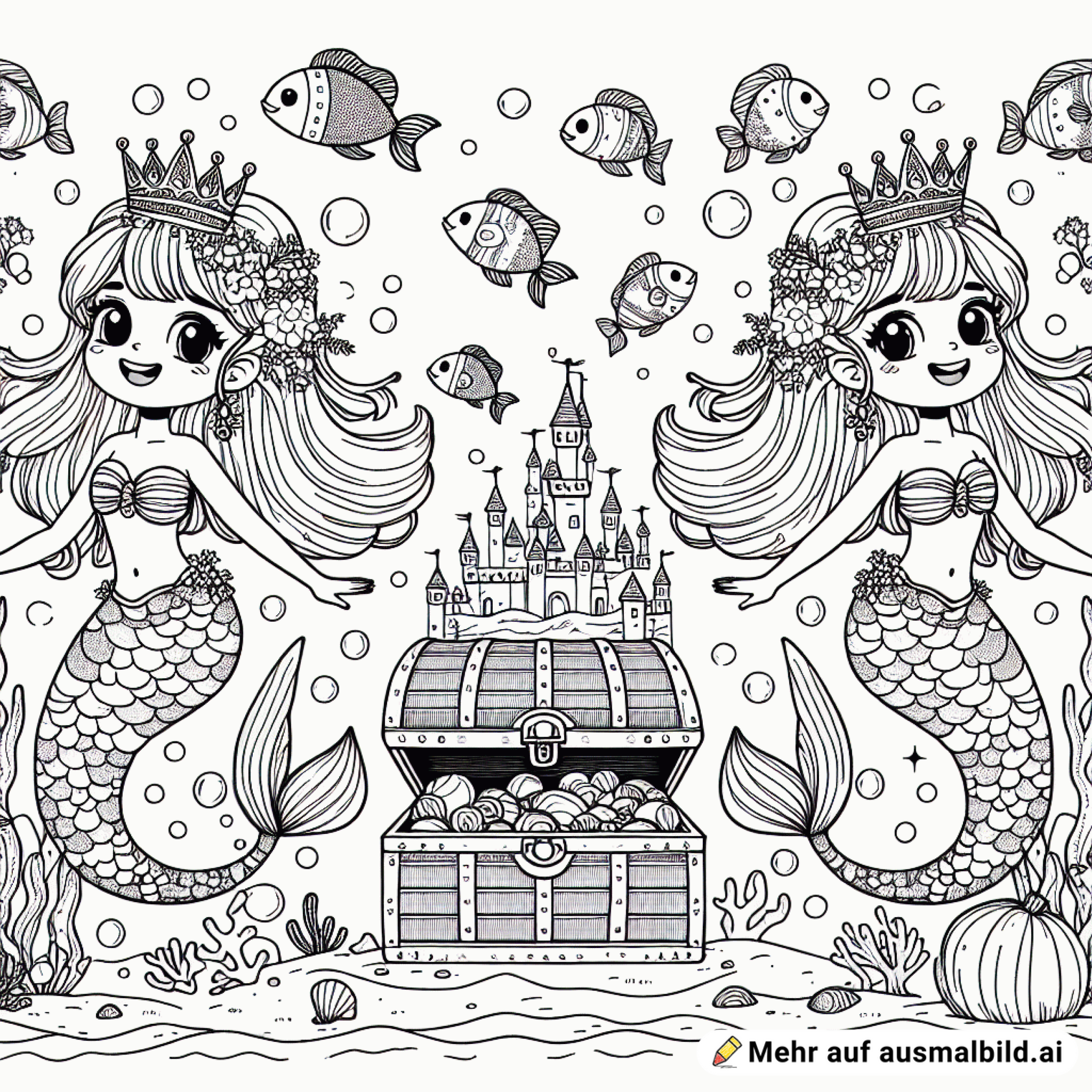 Ich möchte zwei Meerjungfrauen, die ähnlich wie Anna und Elsa aus dem Eiskönigin aussehen. Aber als Meerjungfrauen. Sie haben eine Schatztruhe in der Mitte und sie tragen jeweils eine Krone.