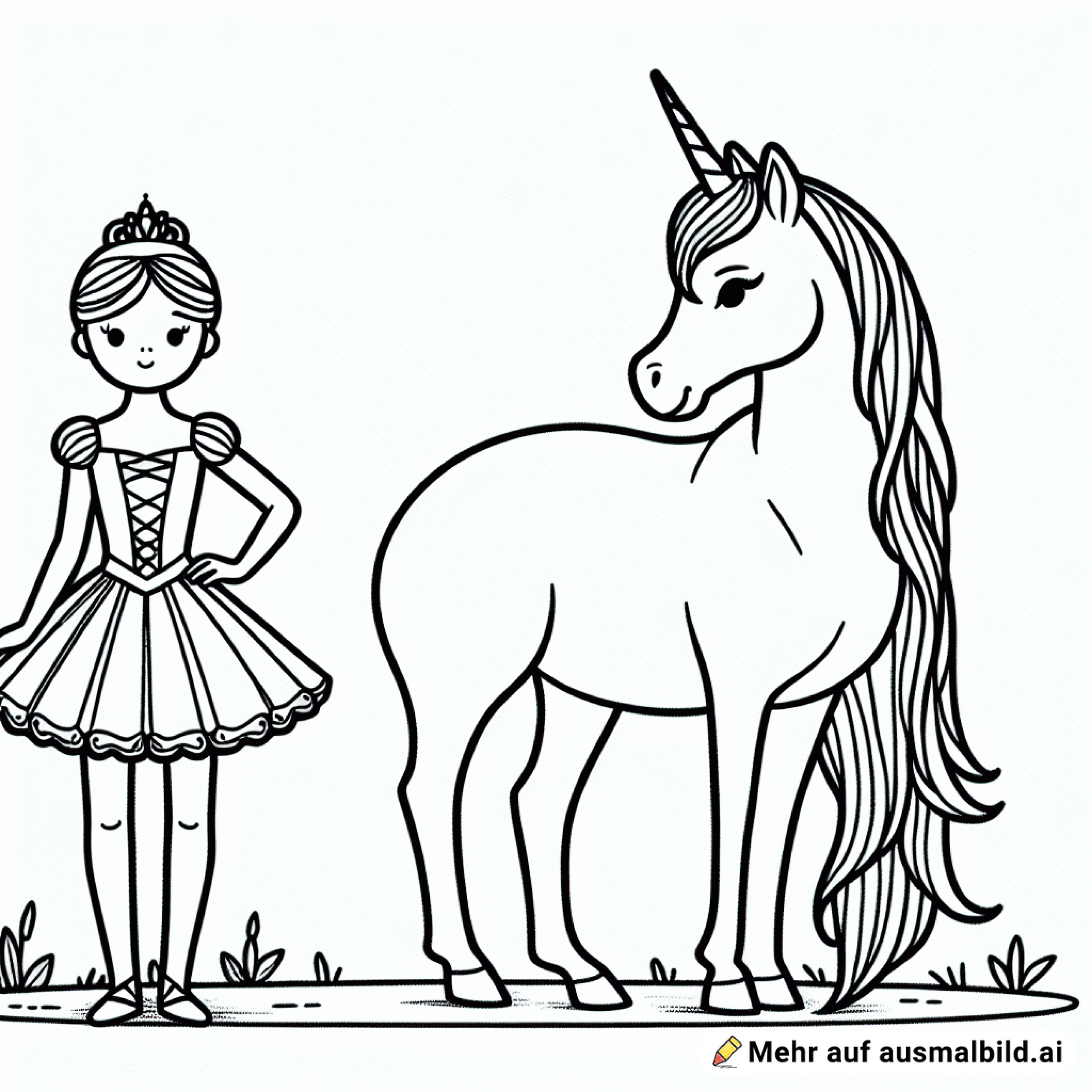 Ballerina steht neben ihrem Einhorn. Der Einhorn ist in der Mitte. Auf der anderen Seite vom Einhorn steht eine böse Prinzessin.