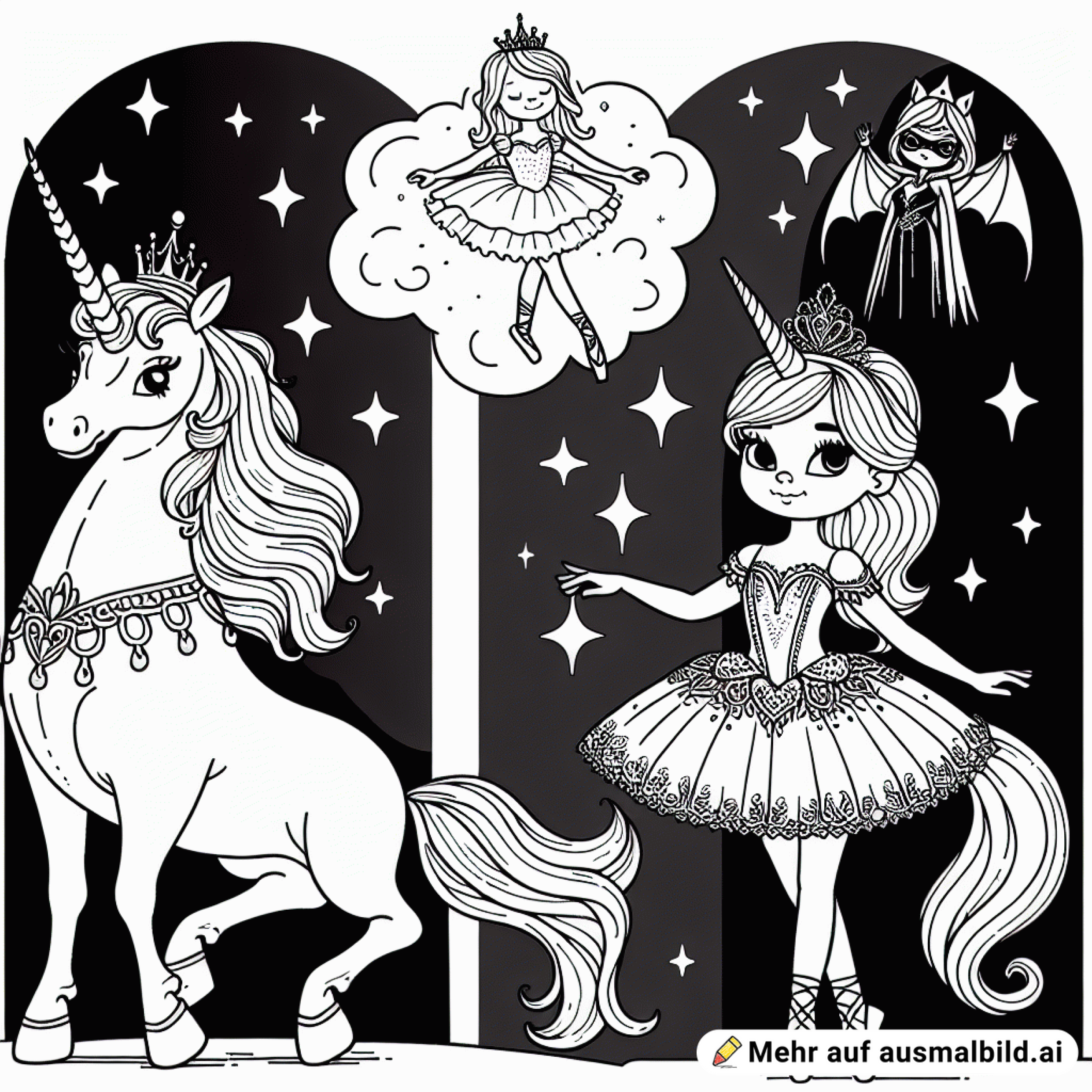 Ballerina steht neben ihrem Einhorn. Der Einhorn ist in der Mitte. Auf der anderen Seite vom Einhorn steht eine böse Prinzessin.