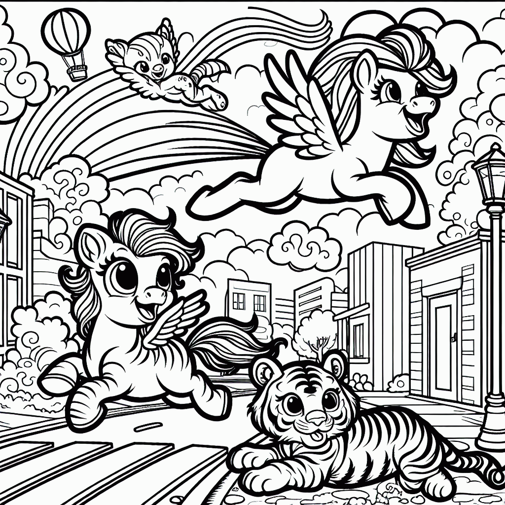 Kostenlose Malvorlage: Fliegende Ponys und Tigerwelpen zum Ausdrucken
