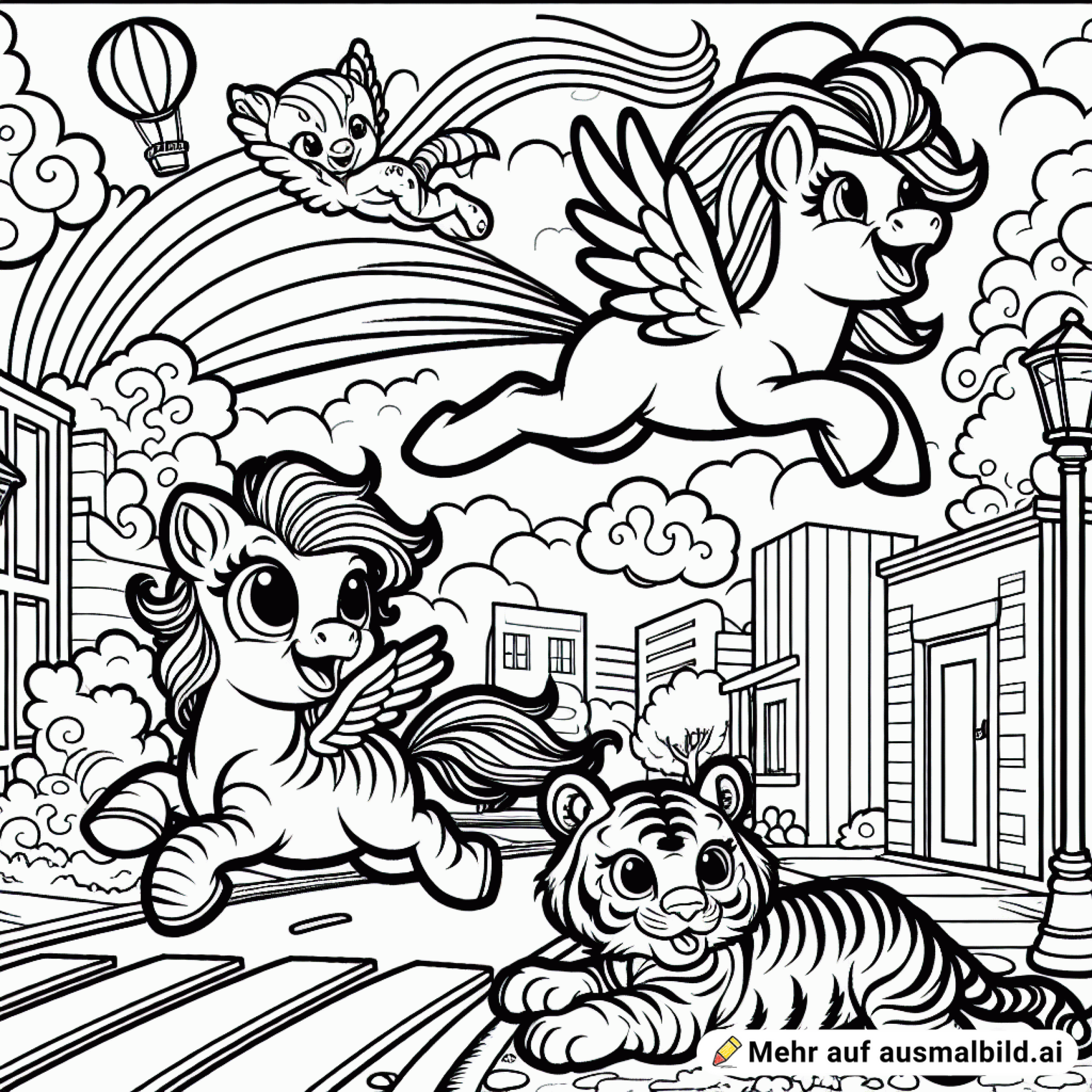 fliegende Ponies auf der Straße neben 2 Tigerwelpen