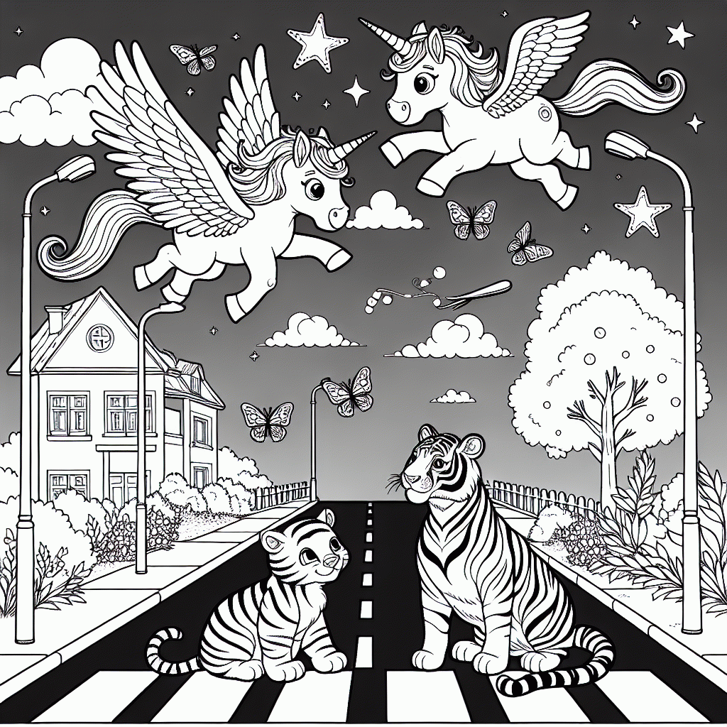 Kostenlose Malvorlagen fliegende Einhörner & Tigerwelpen ausdrucken