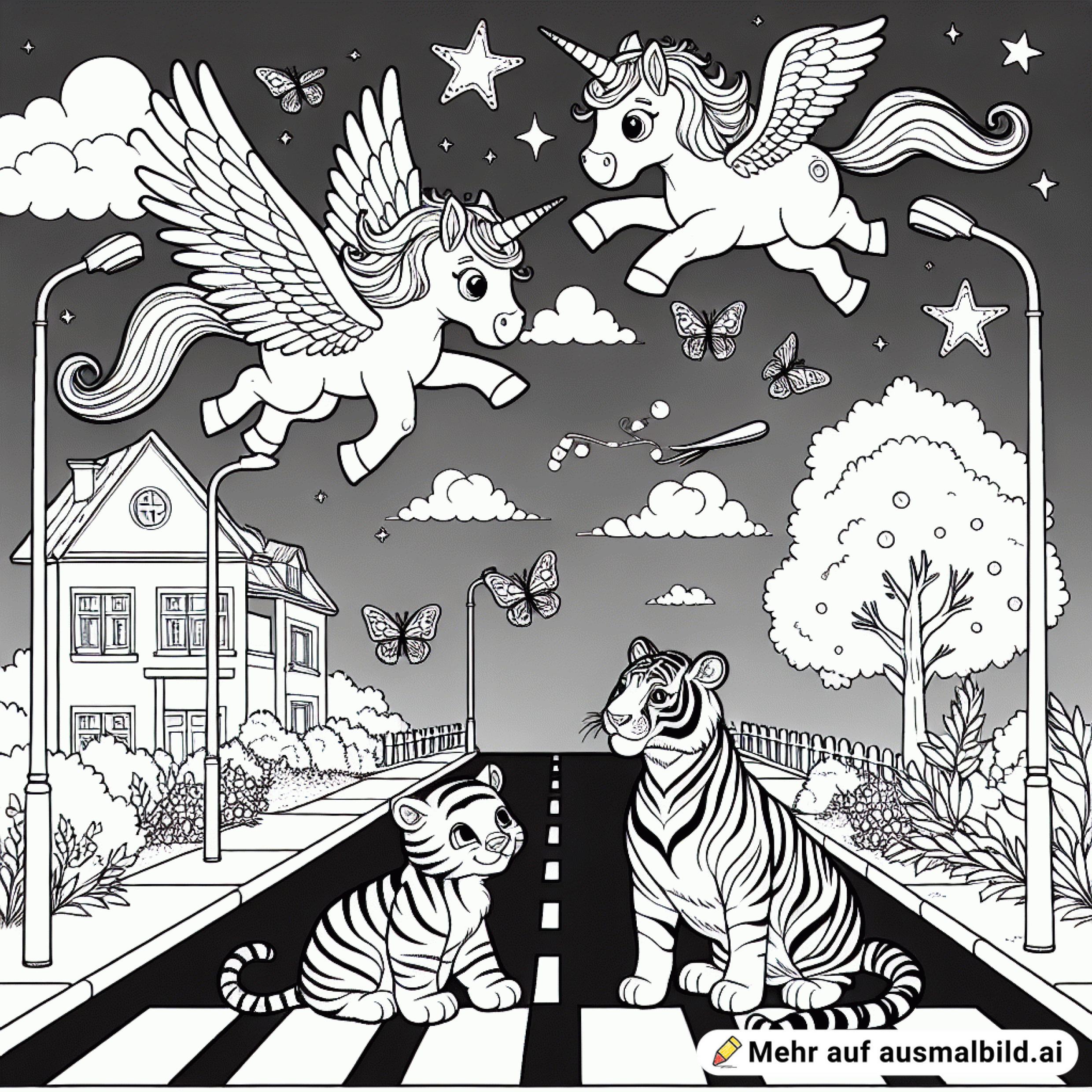 fliegende Einhörne auf der Straße neben 2 Tigerwelpen