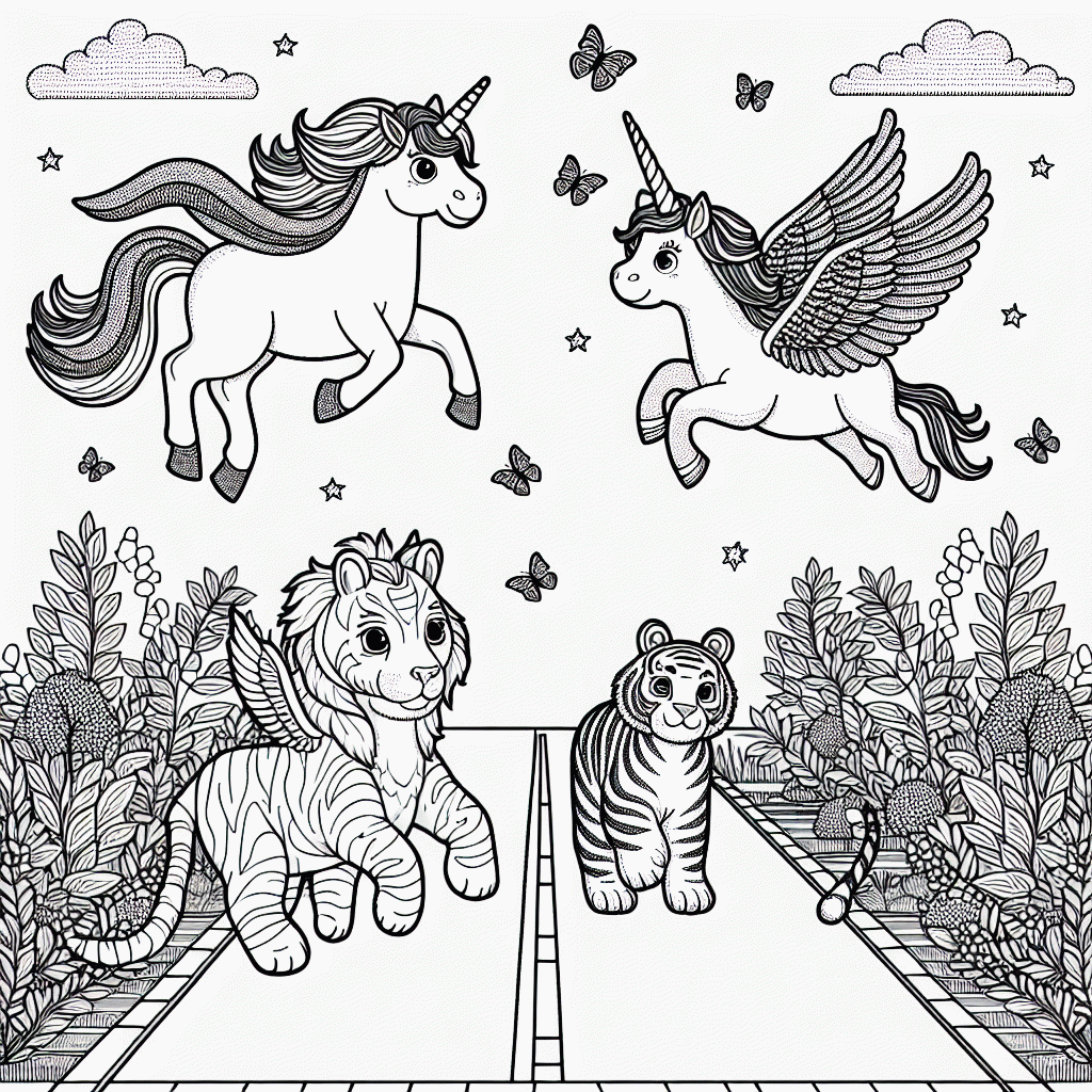 Kostenlose Malvorlage: Fliegende Einhörner & Tigerwelpen Ausmalbild