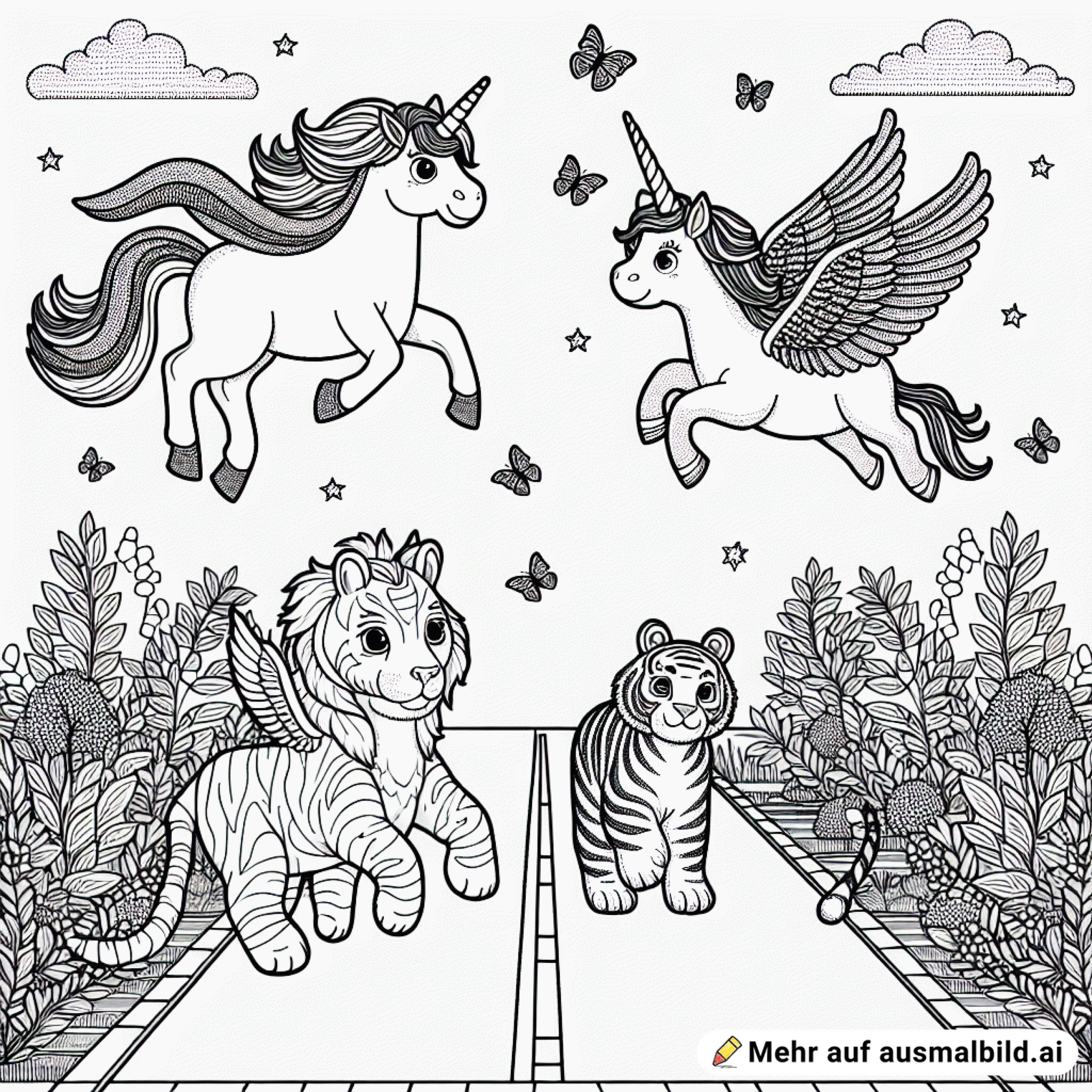 fliegende Einhörne auf der Straße neben 2 Tigerwelpen, wenig Details.