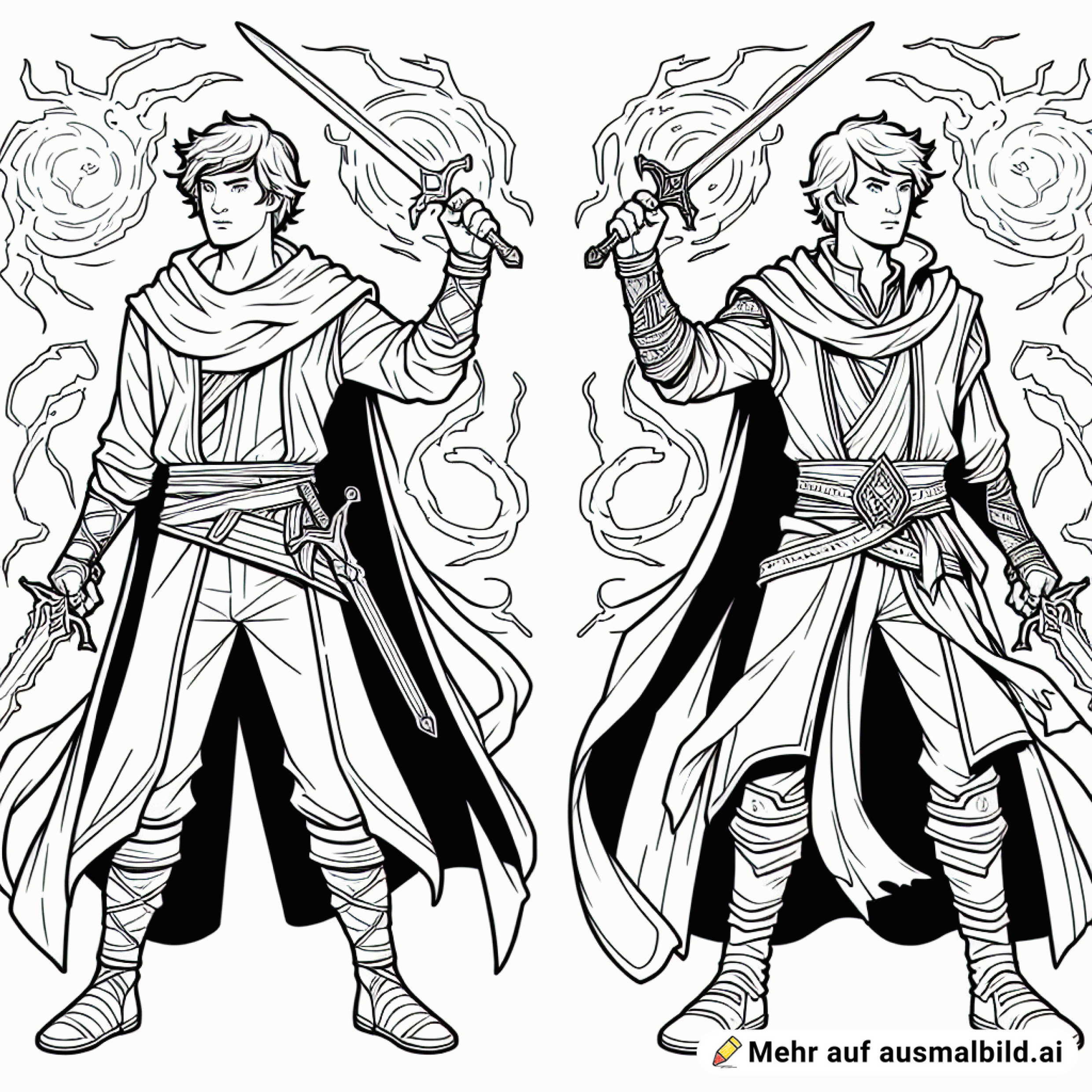Zwei Jedis, ähnlich wie im Star Wars, die mit deren Schwerten kämpfen und einer hat einen Riß auf der Hose.