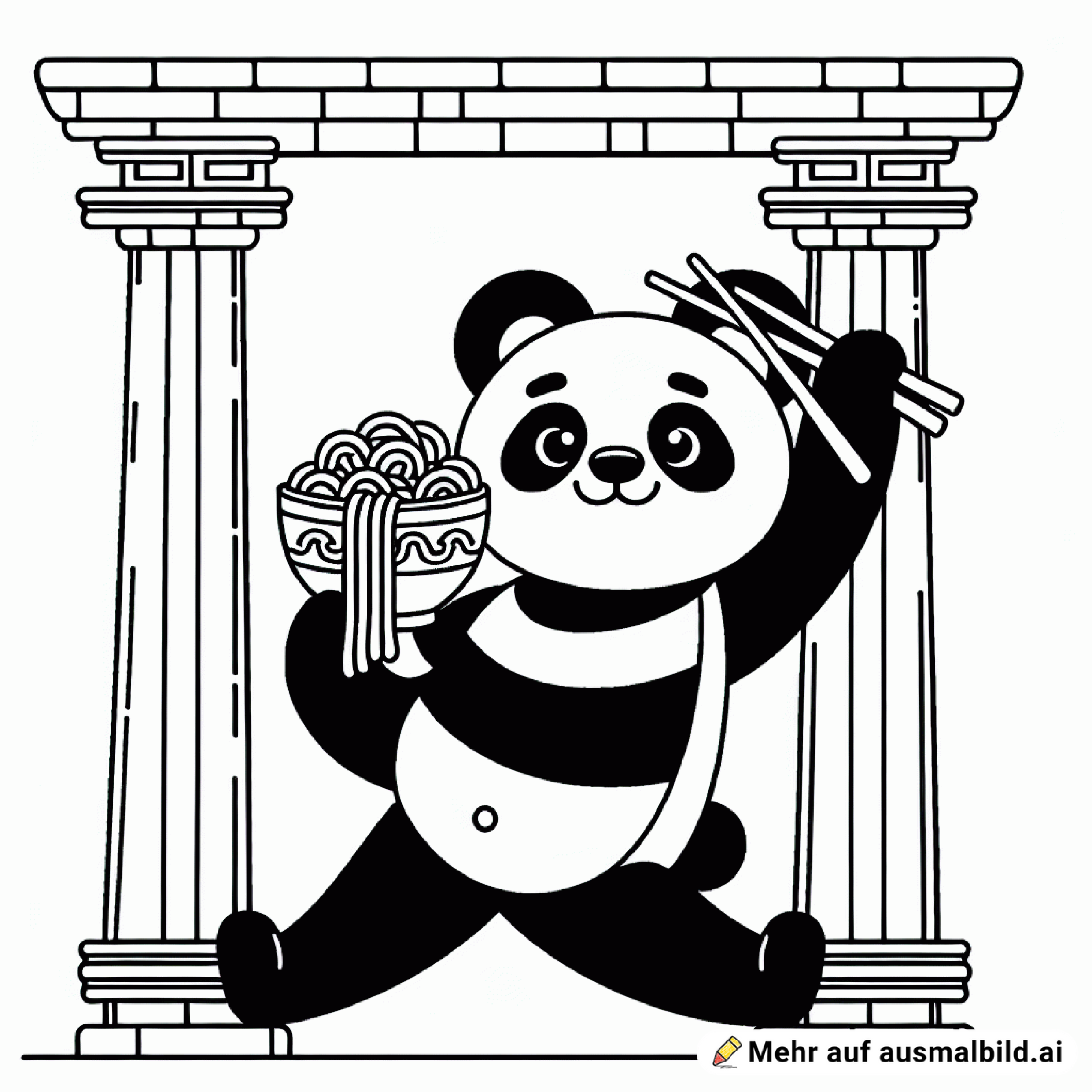 panda im spagat zwischen zwei säulen. in der hand schüssel mit nudeln und stäbchen