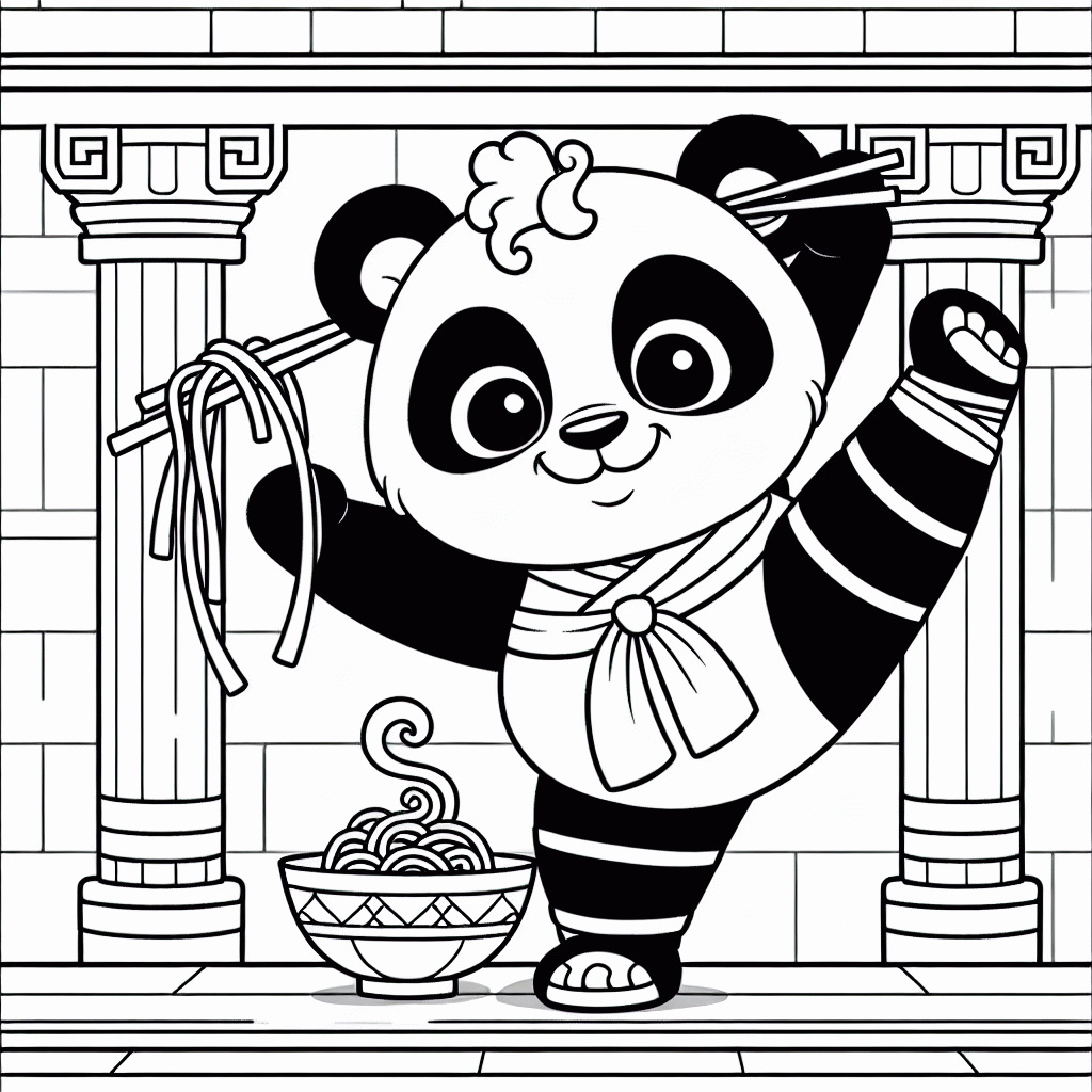 Panda im Spagat Malvorlage mit Nudeln zum Ausdrucken