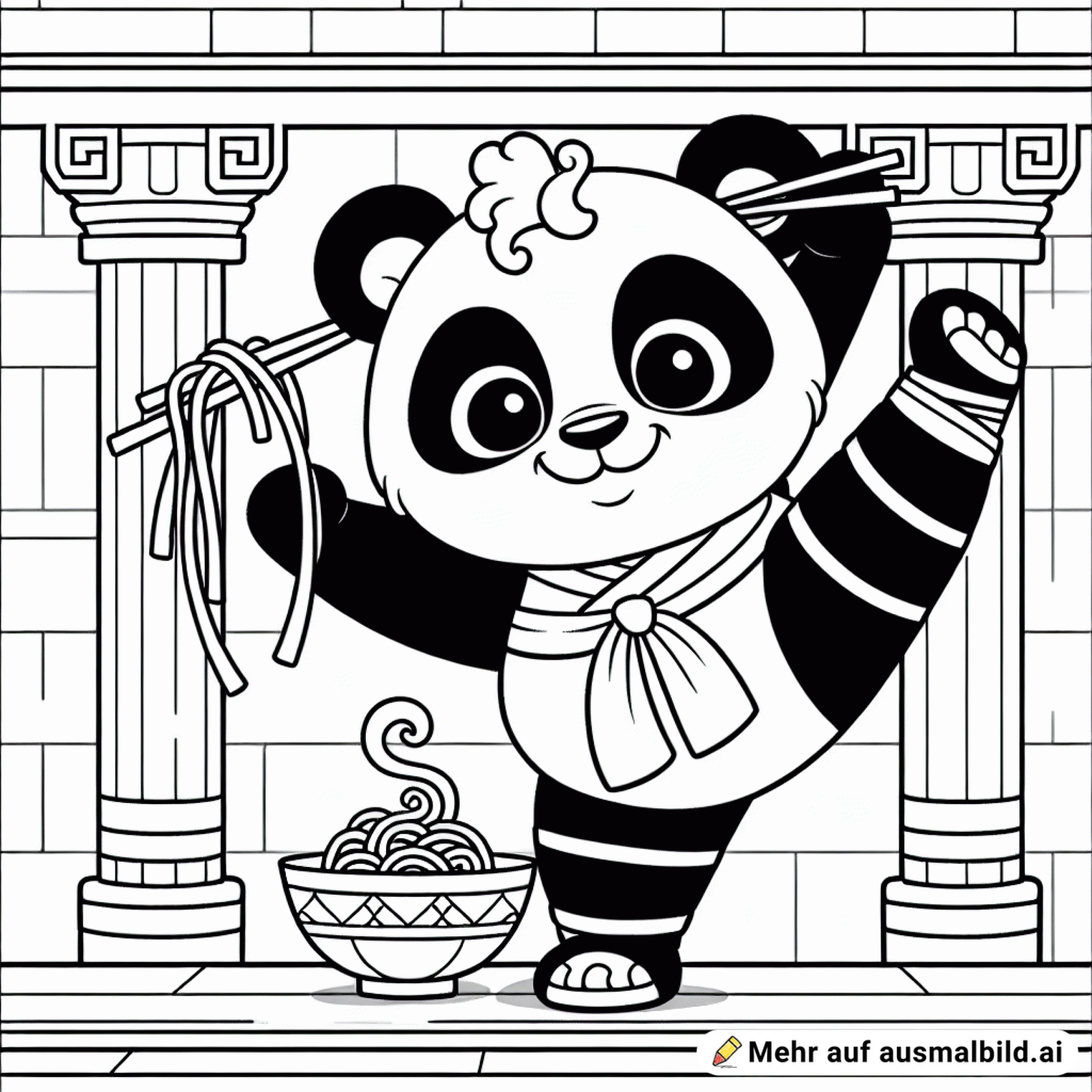panda im spagat zwischen zwei säulen. in der hand schüssel mit nudeln und stäbchen. für größere kinder mit mehr details. ähnlich wie kung fu panda