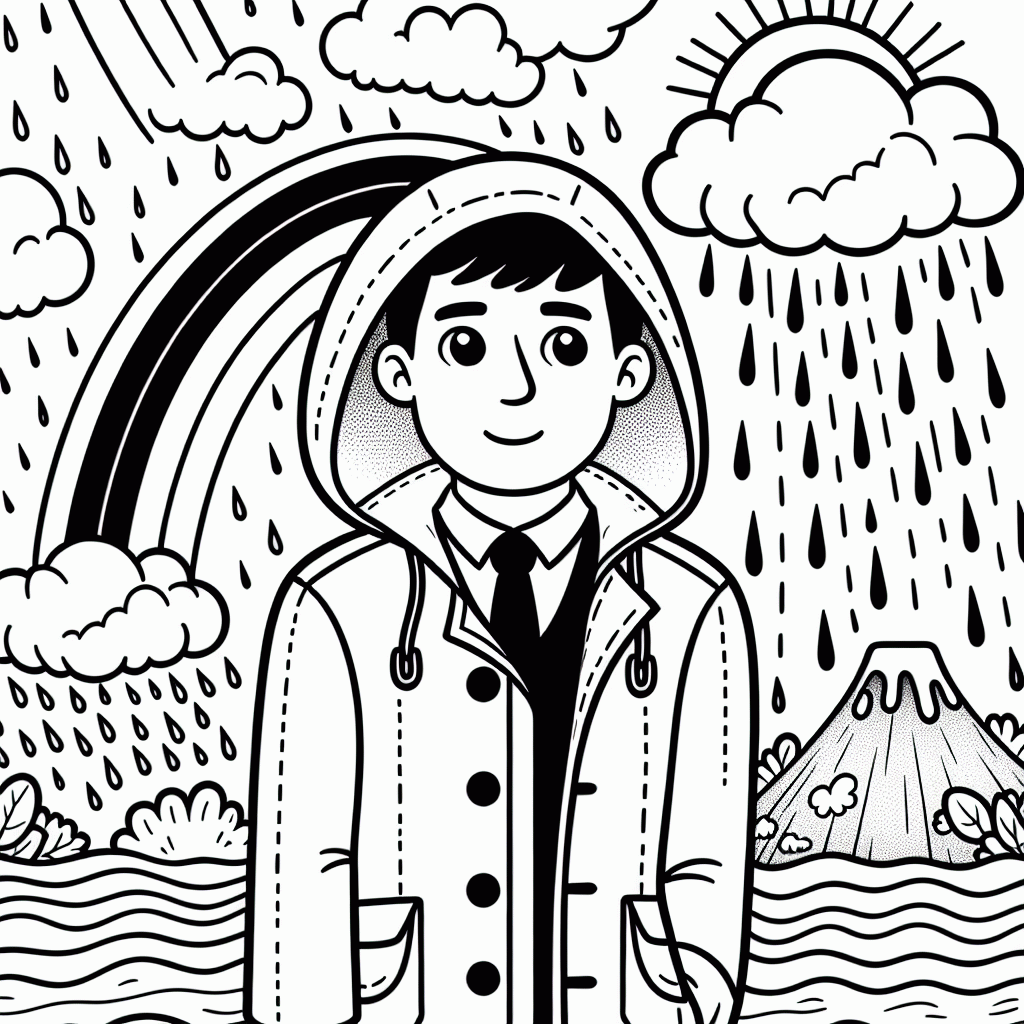 Malvorlage Mensch im Regen mit Sonne, Regenbogen & Vulkan