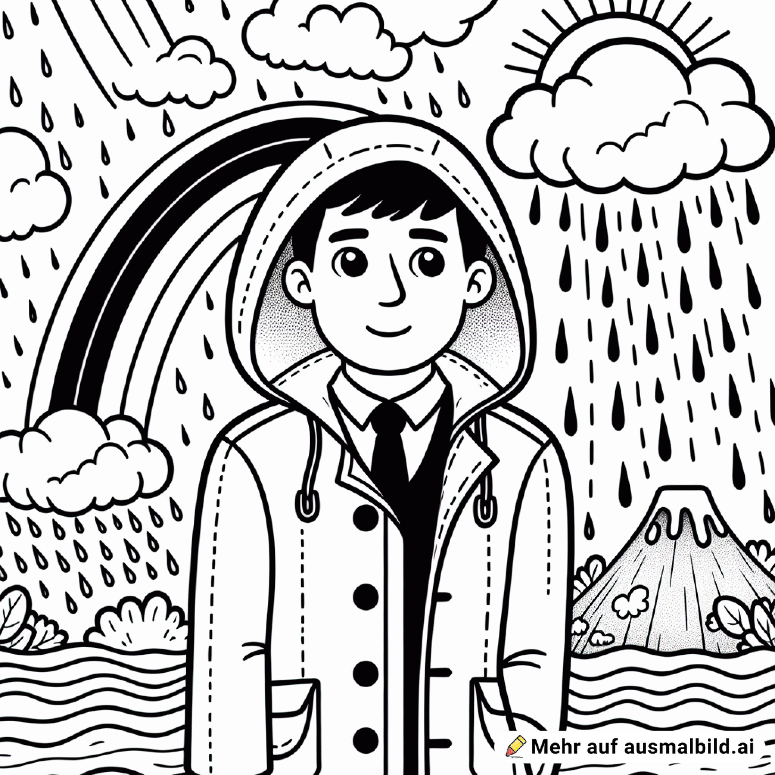Ein Mensch in Regenjacke steht im Regen und hinter den Wolken sieht man schon die Sonne und einen Regenbogen. Es gibt auch ein Vulkan,