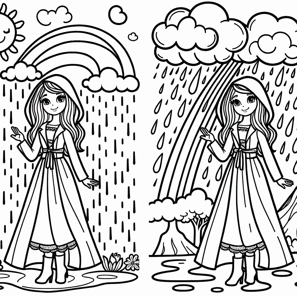 Kostenlose Malvorlage Regenprinzessin mit Vulkan und Regenbogen