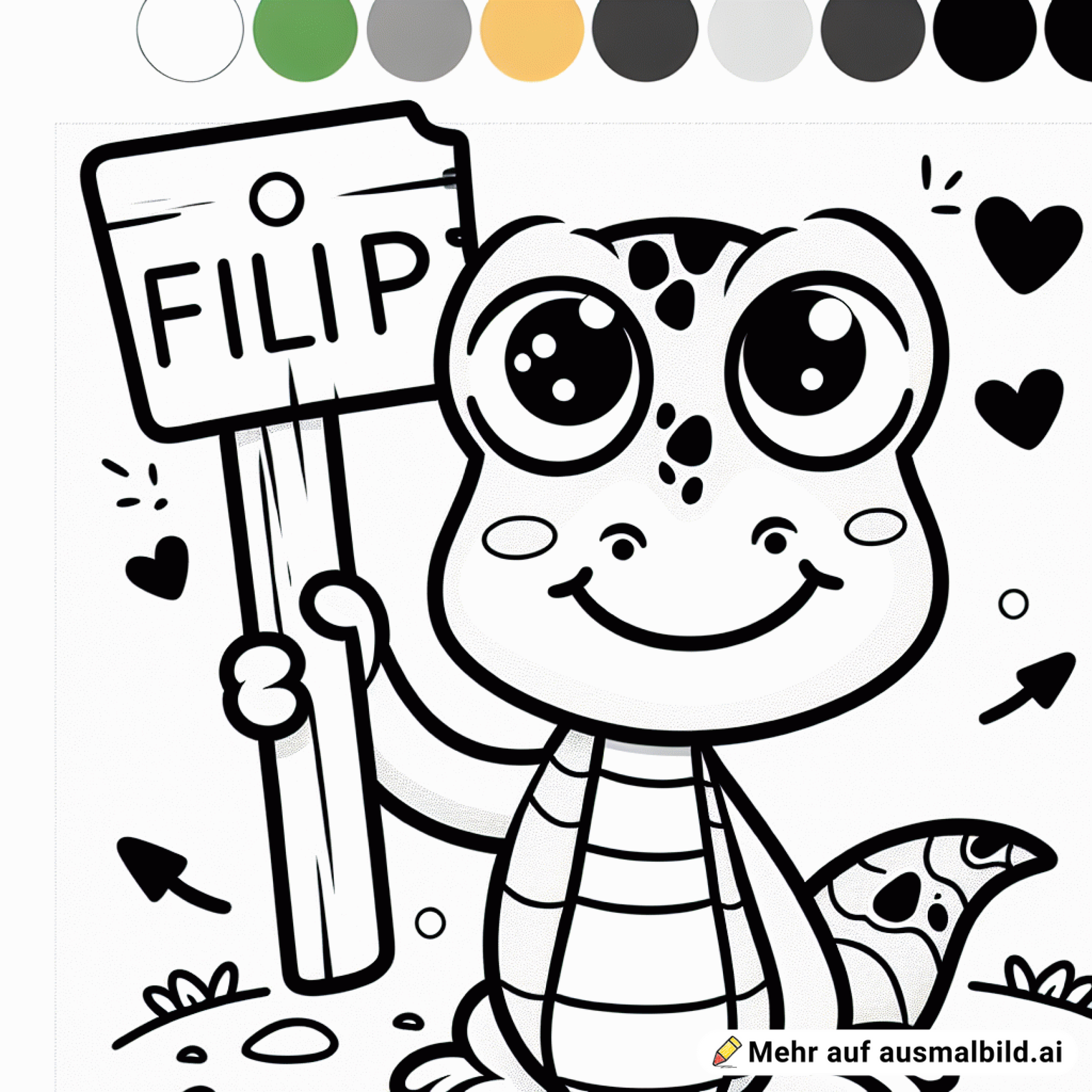 Ausmalbild eines Geckos mit einem Schild auf dem Filip steht