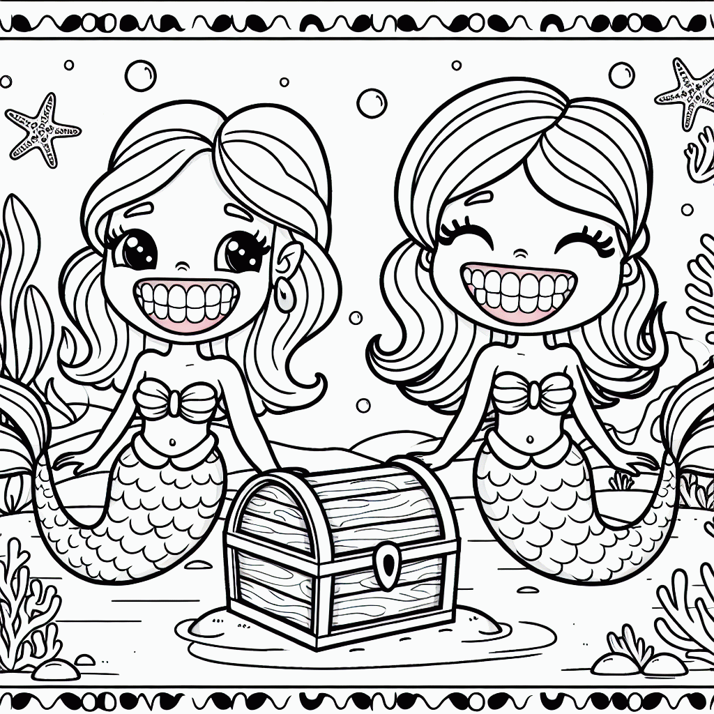 Kostenlose Malvorlage Meerjungfrauen mit Schatztruhe zum Ausdrucken