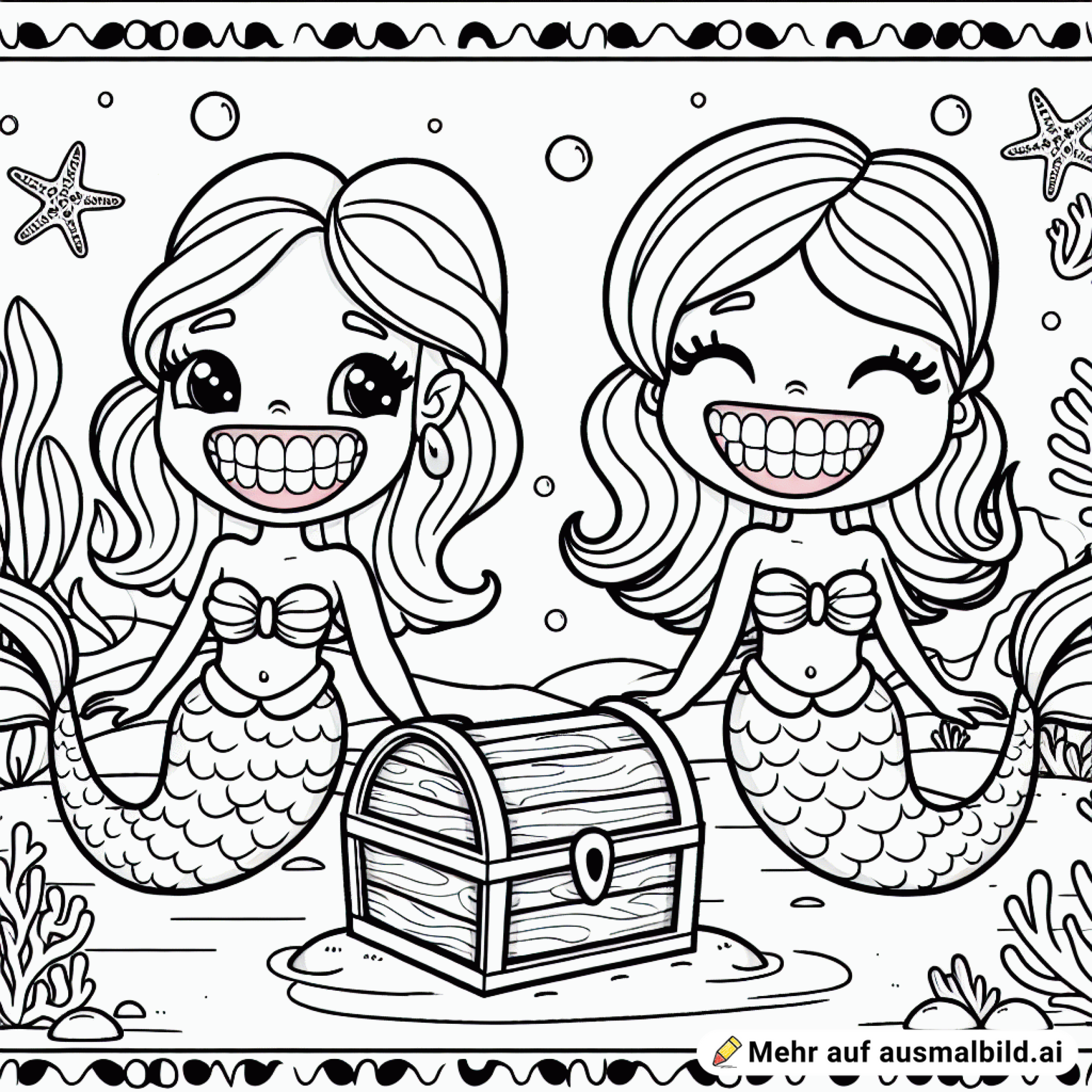 zwei Mehrjungfrauen lächeln, die Zähne sieht man und in der Mitte vom Bild ist eine Schatztruhe