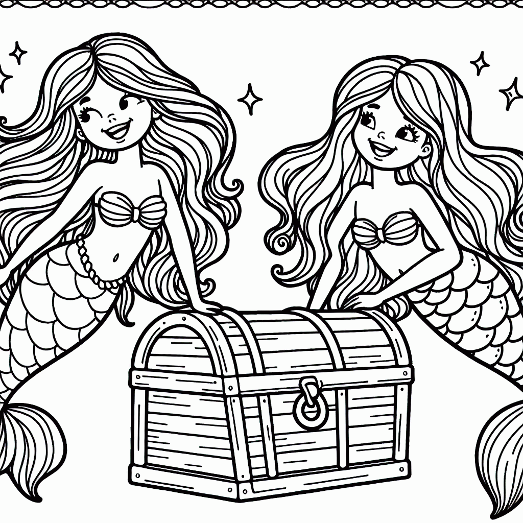 Kostenlose Malvorlage Meerjungfrauen mit Schatztruhe zum Ausdrucken
