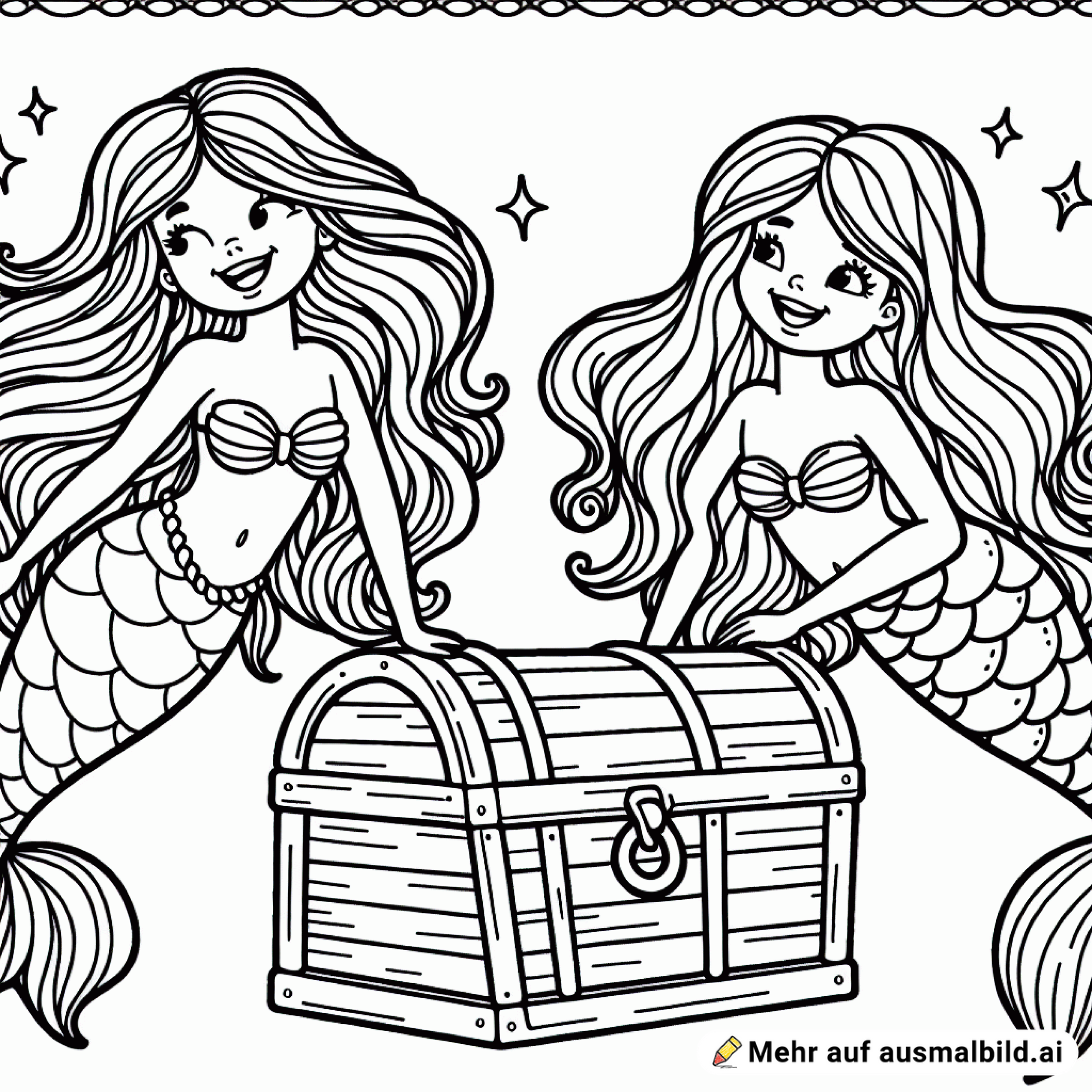 zwei Mehrjungfrauen lächeln mit offenem Mund, in der Mitte vom Bild ist eine Schatztruhe. Beide haben ganz lange Haare