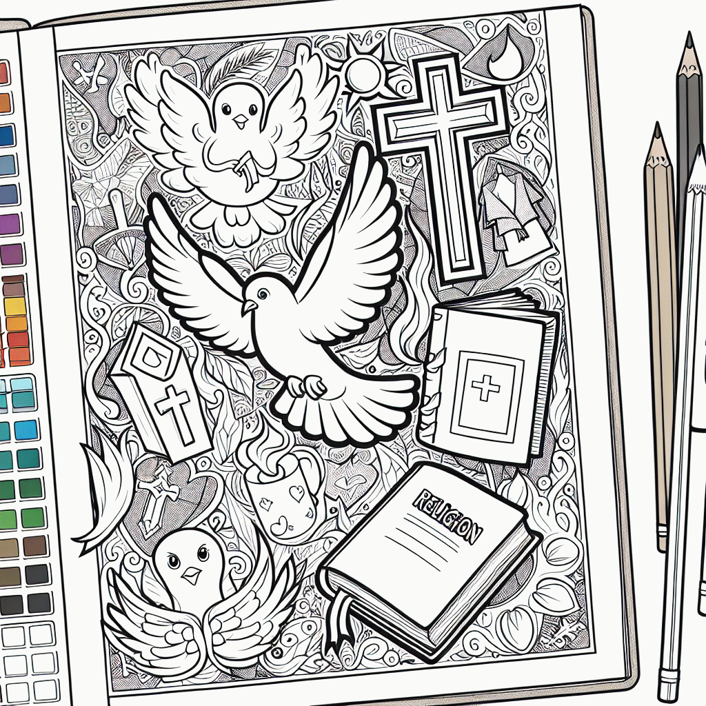 Kostenloses Religionsheft Deckblatt mit Taube und religiösen Symbolen