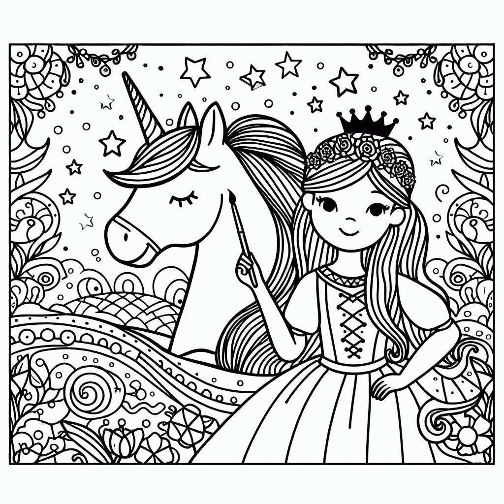 Prinzessin mit Einhorn Malvorlage zum Ausdrucken kostenlos