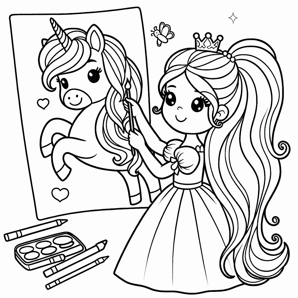 Prinzessin mit Einhorn Malvorlage kostenlos ausdrucken