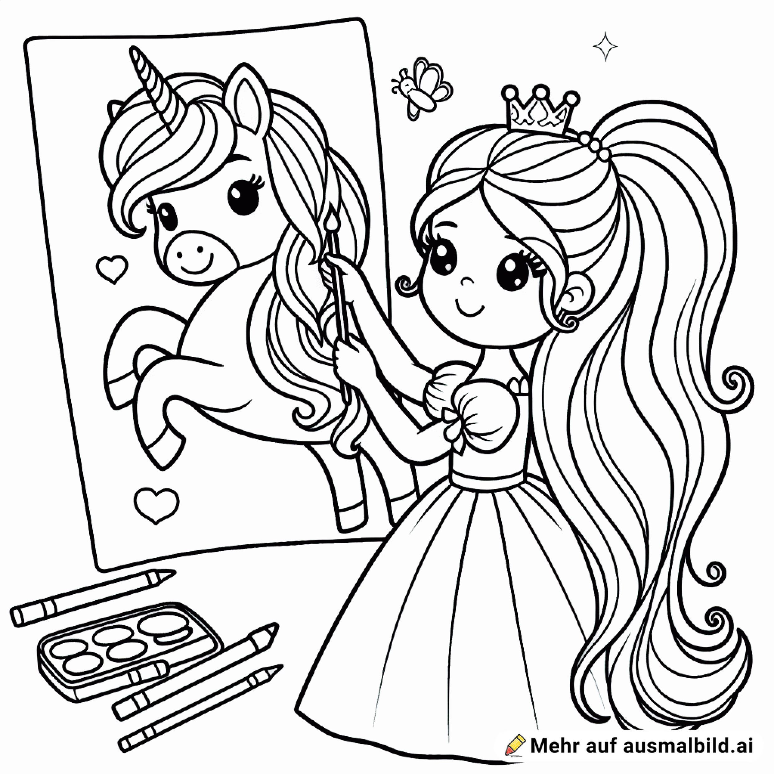 Eine Prinzessin die ein Einhorn-Bild ausmalt. Sie hat ganz lange Haare im Zopf (Pferdeschwanz). Das Bild ist sehr undetalliert