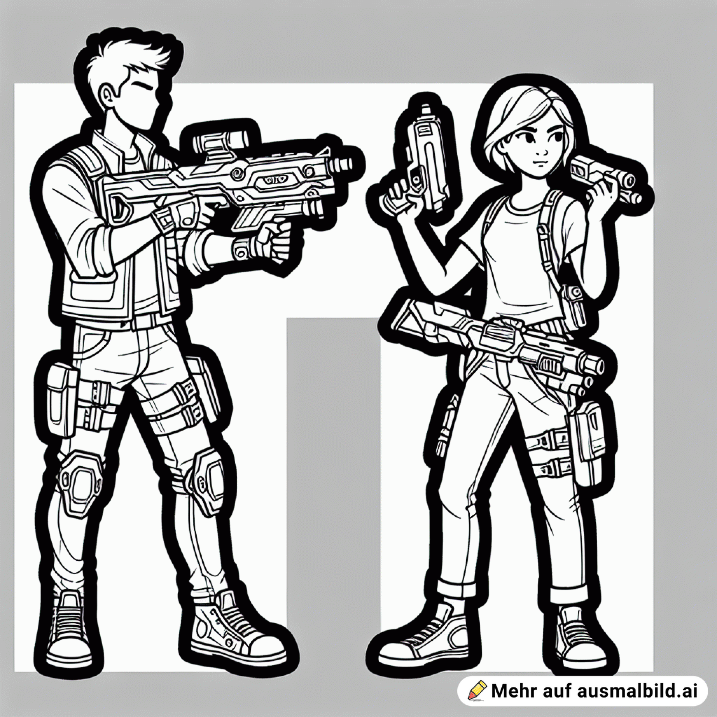 Zwei Menschen sind auf dem Bild, der eine hat einen elektrischen Nerf-Gun ähnliche Waffe in der Hand, der andere eine kleine Nerfgun Pistole.