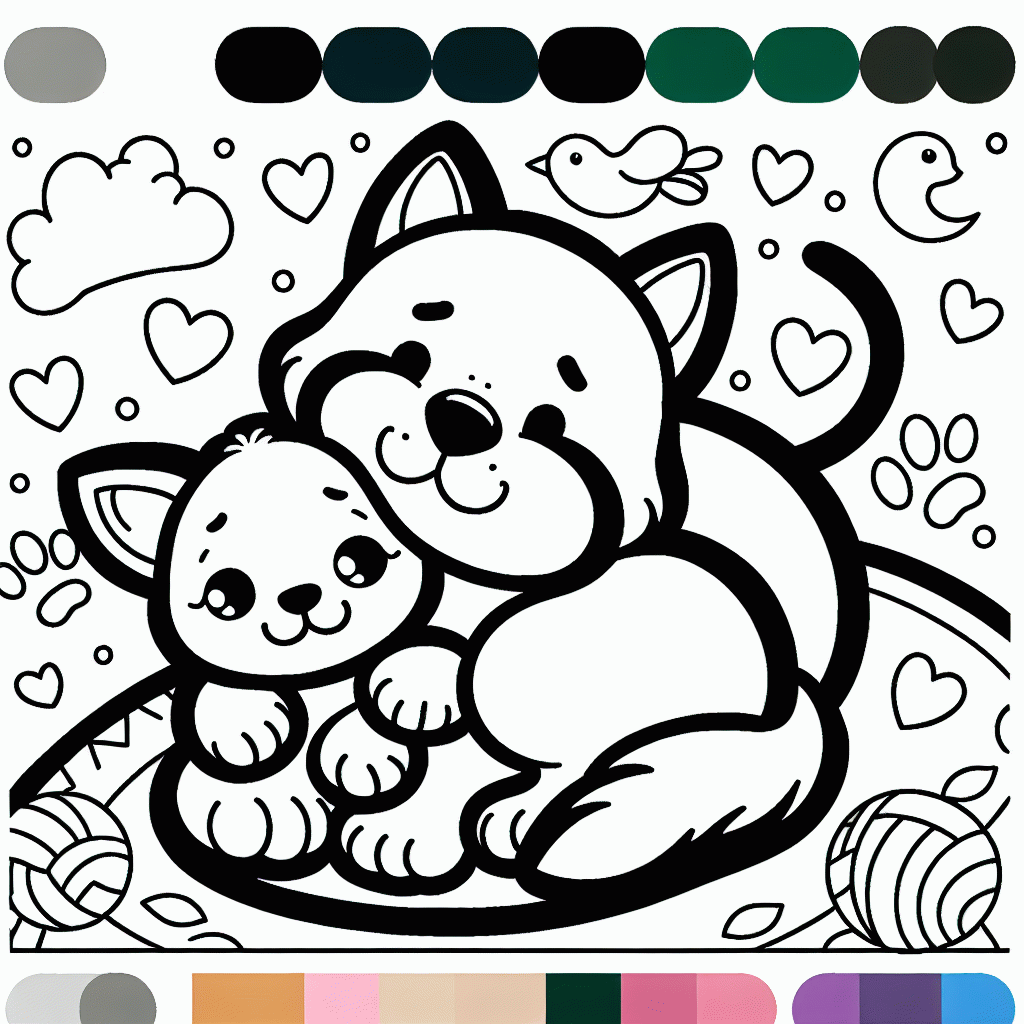 Kostenlose Malvorlage Hund und Katze kuscheln Ausmalbild